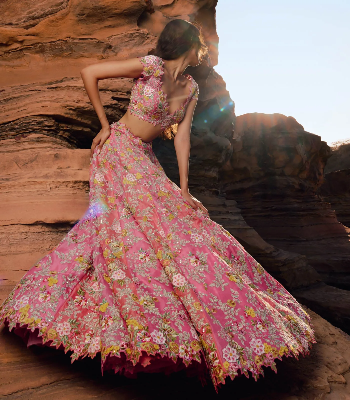 Coral and Pink Utsa Lehenga Set by Anushree Reddy