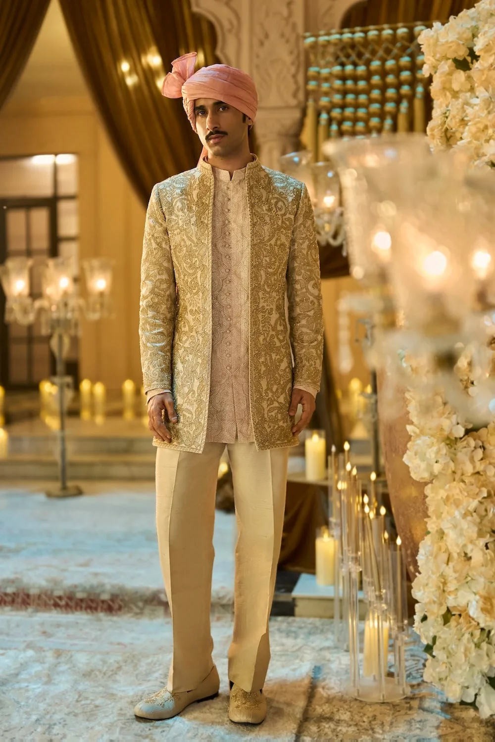 Champagne Ivory Sherwani Set by Seema Gujral, champagne bundi