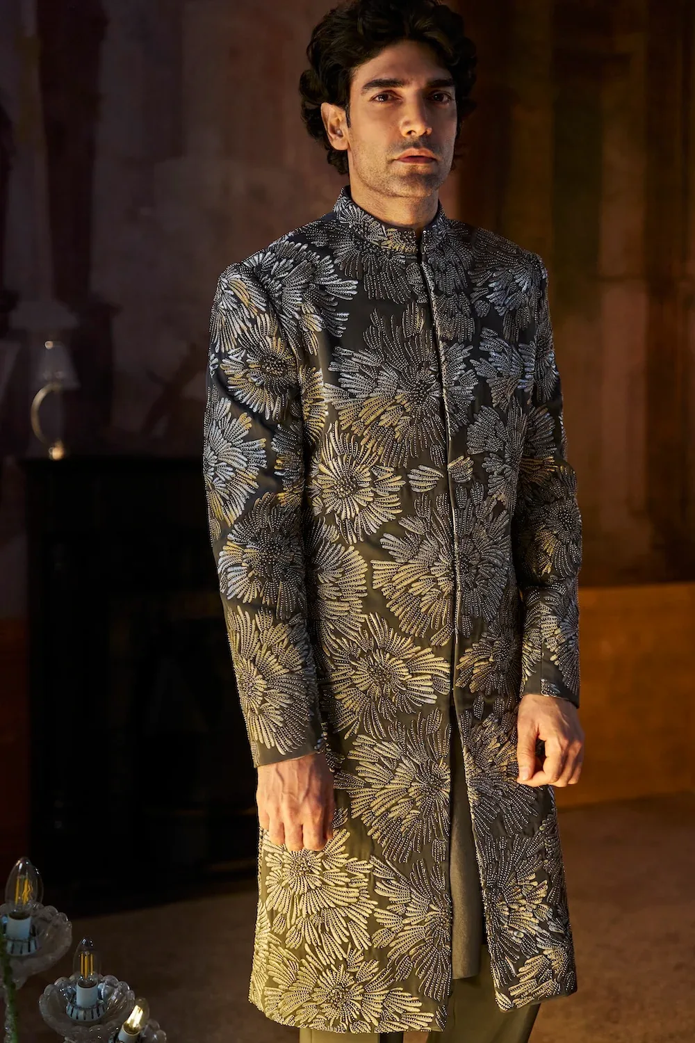 Charcoal Silver Sherwani Set by Seema Gujral
