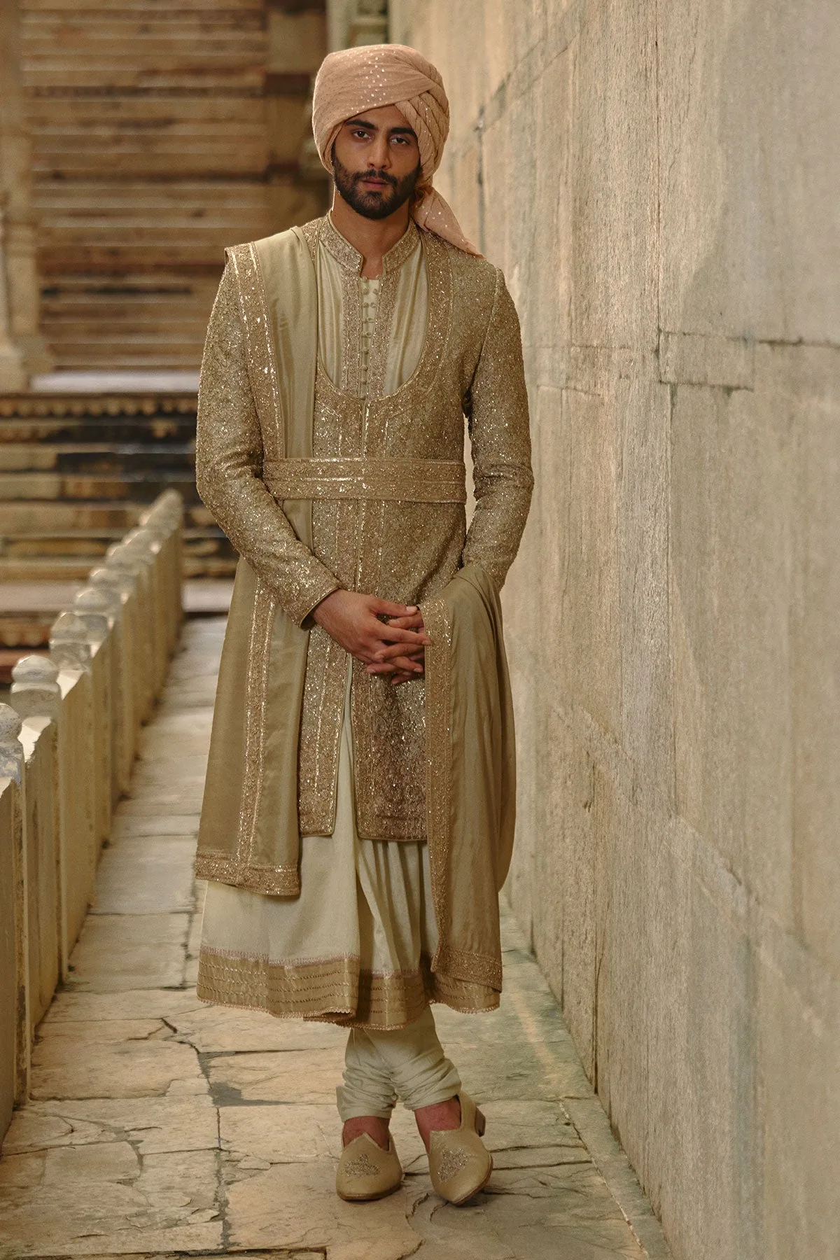 Olive Green Sherwani Set by Nitika Gujral, view 3