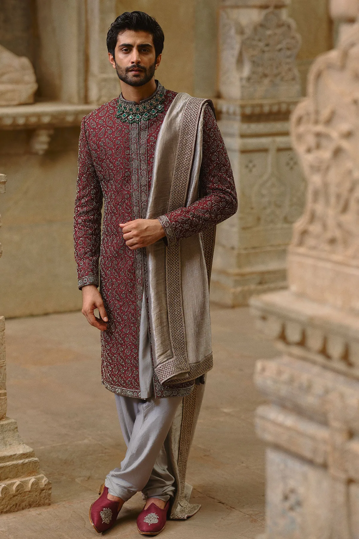 Burgundy Sherwani Set by Nitika Gujral