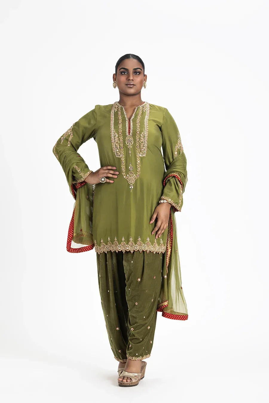 Mehendi Green Silk Kurta with Velvet Salwar by Nitika Gujral