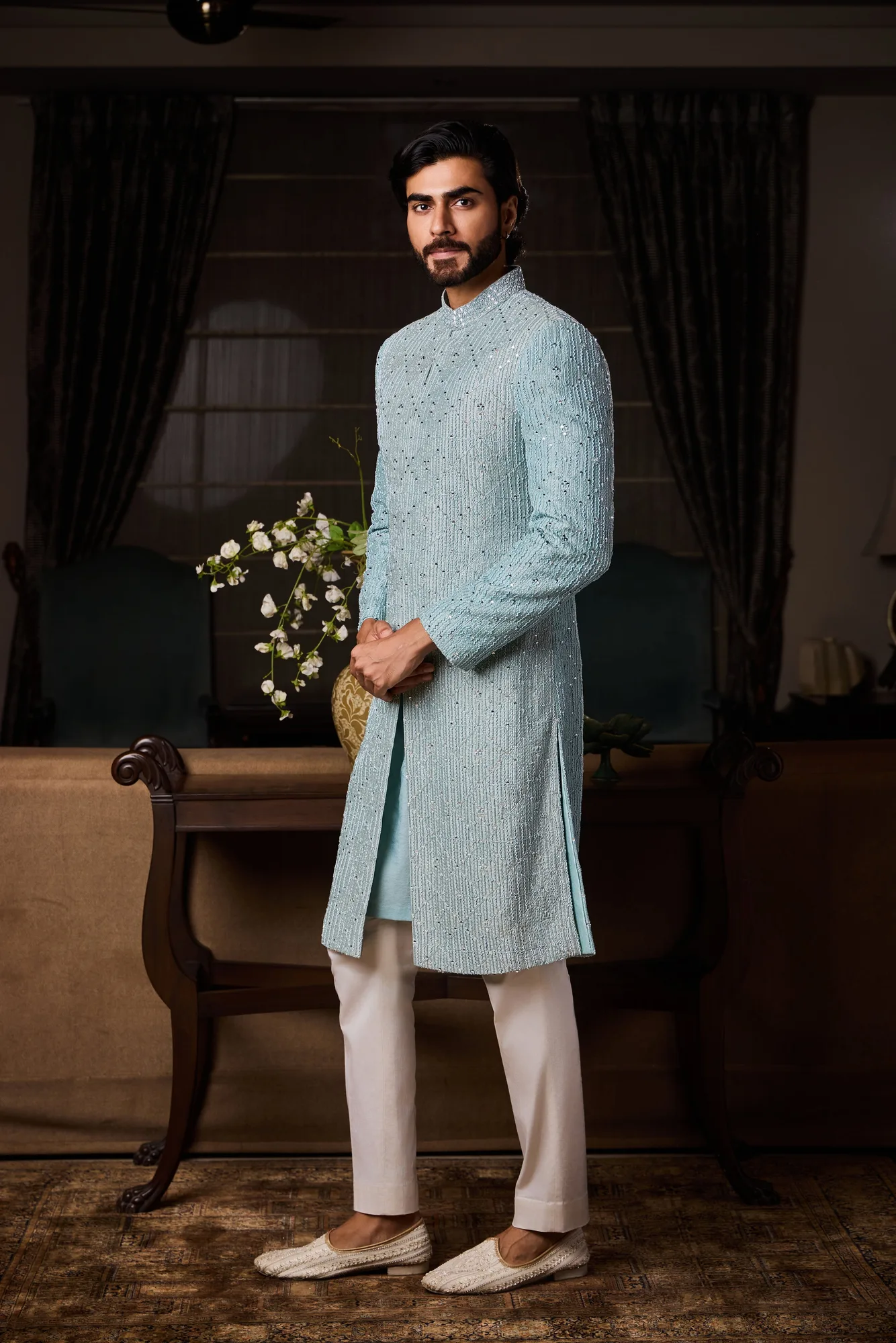Jade Blue Raw Silk Sherwani Set by Nitika Gujral, view 3