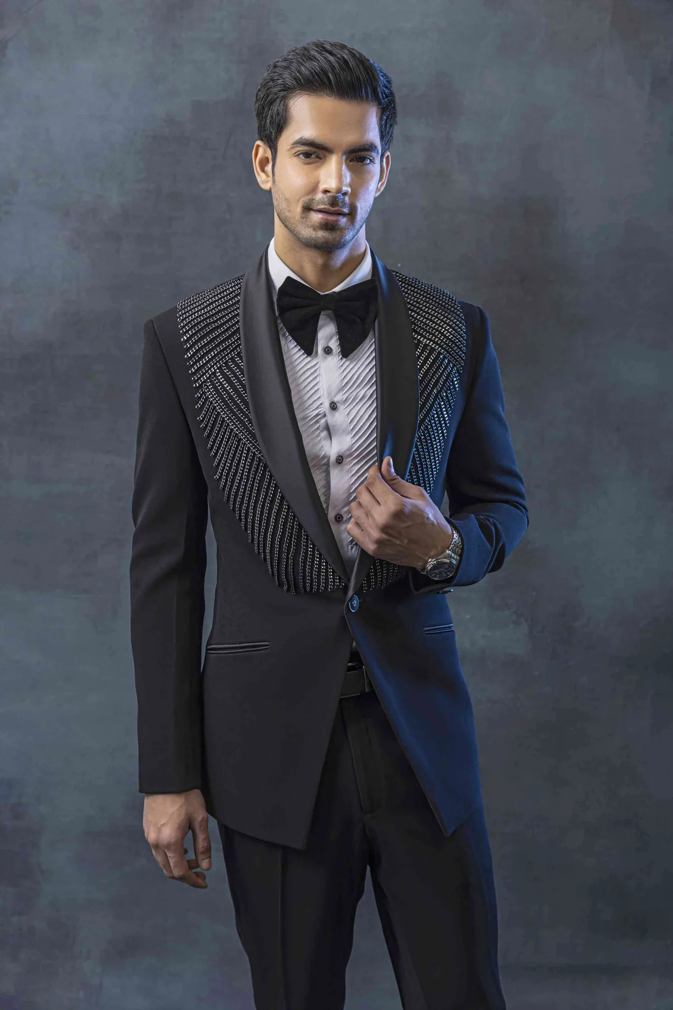 Black Tuxedo With Chain Embellishment by Sarab Khanijou