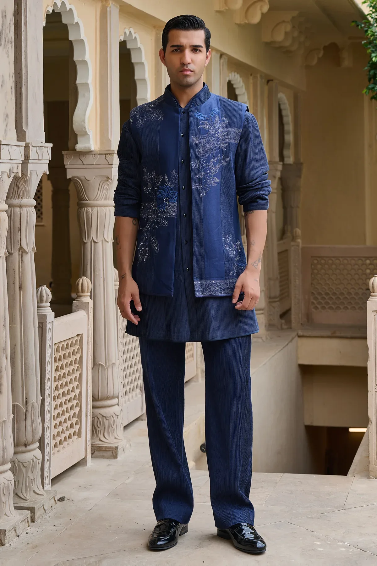 Golden Light Dual-Panelled Embroidered Waistcoat Set by Tarun Tahiliani