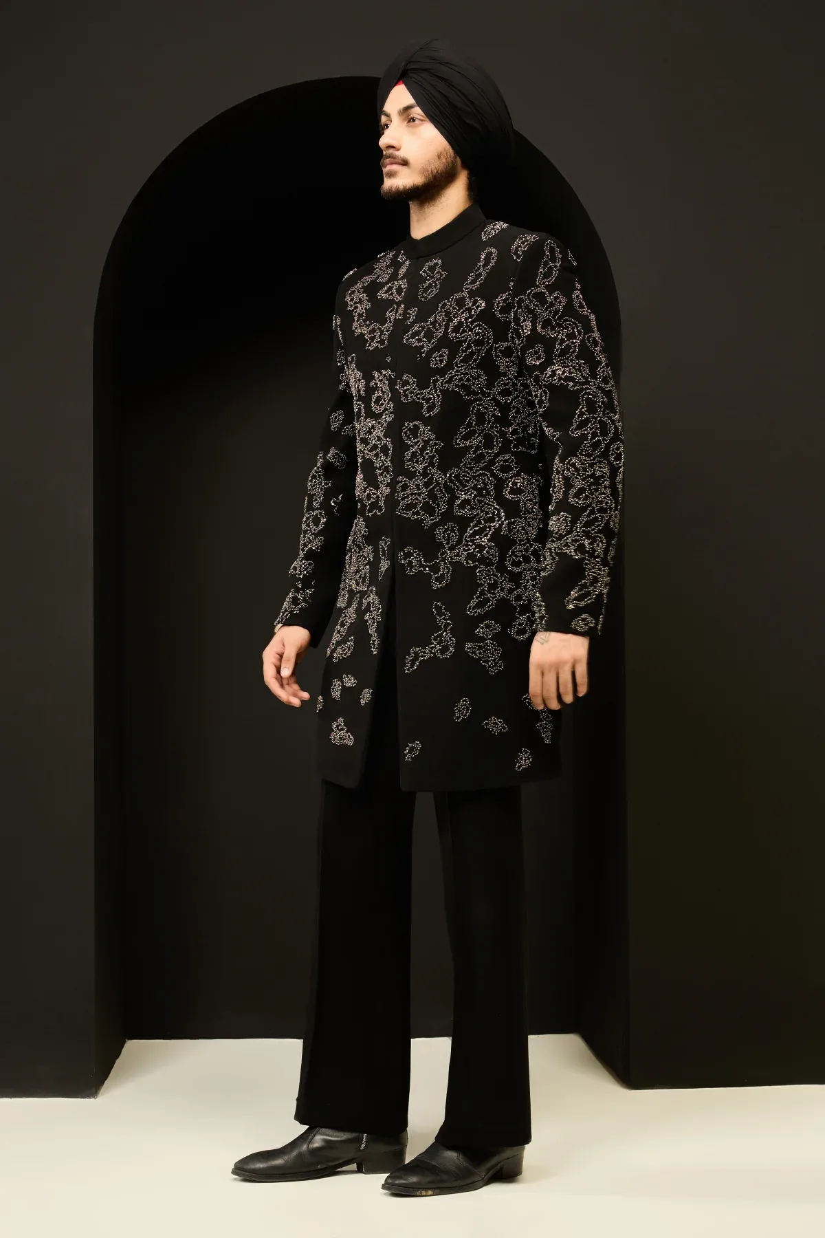 Black indo Western highlighting with pearls sequins and cutdana by Sarab Khanijou