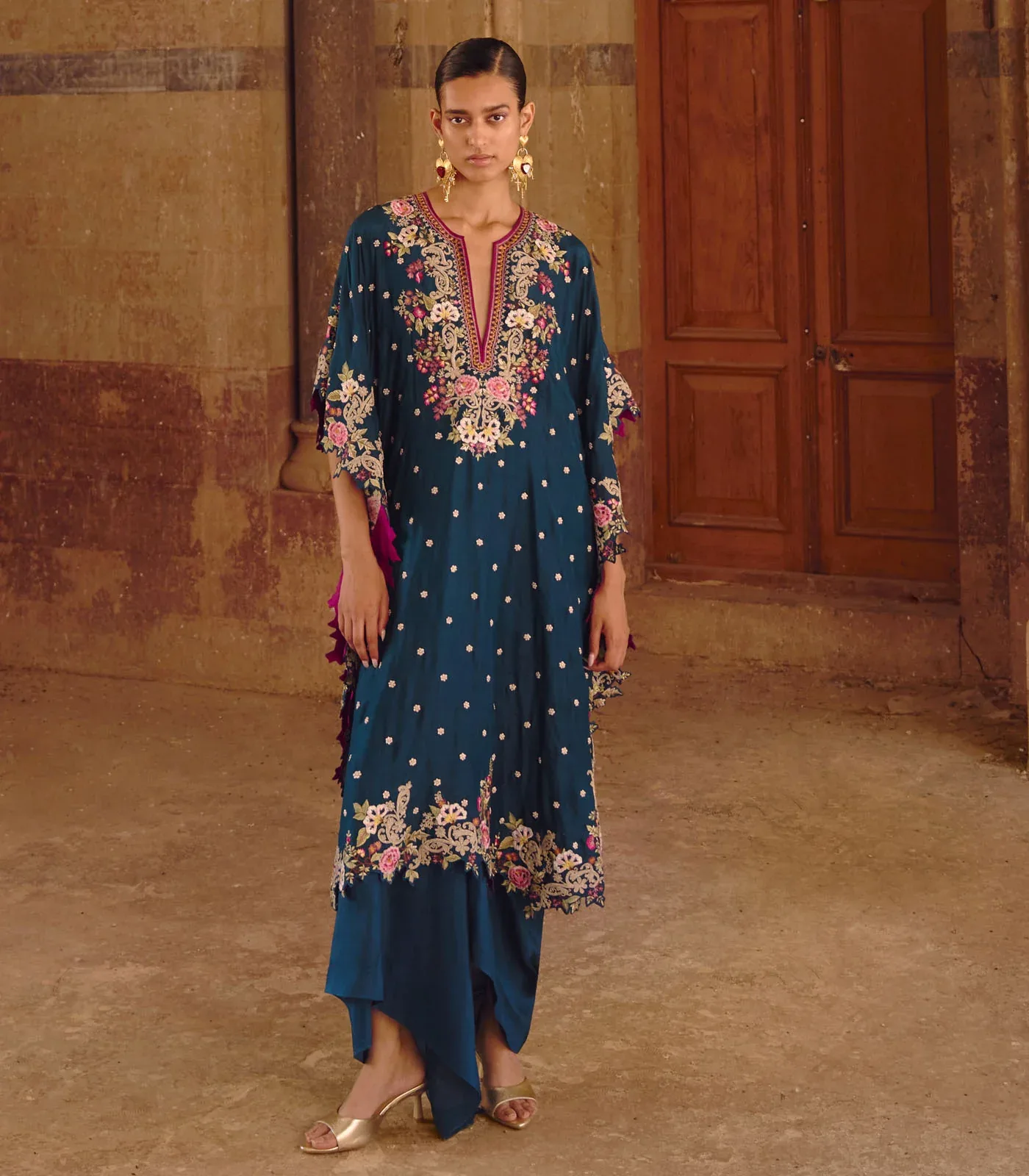 Peacock Blue Umang Chitta Kaftan Set by Anushree Reddy