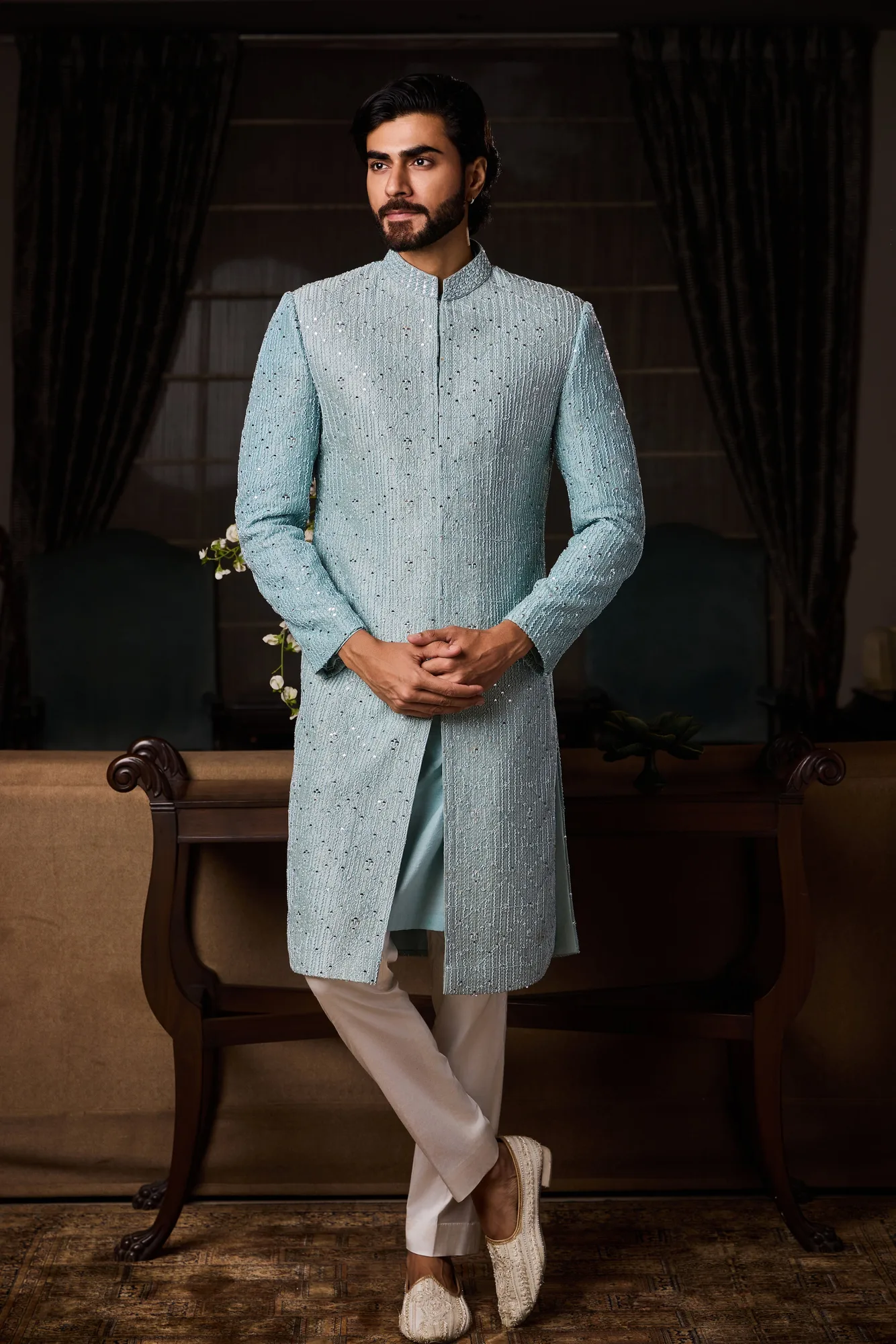 Jade Blue Raw Silk Sherwani Set by Nitika Gujral