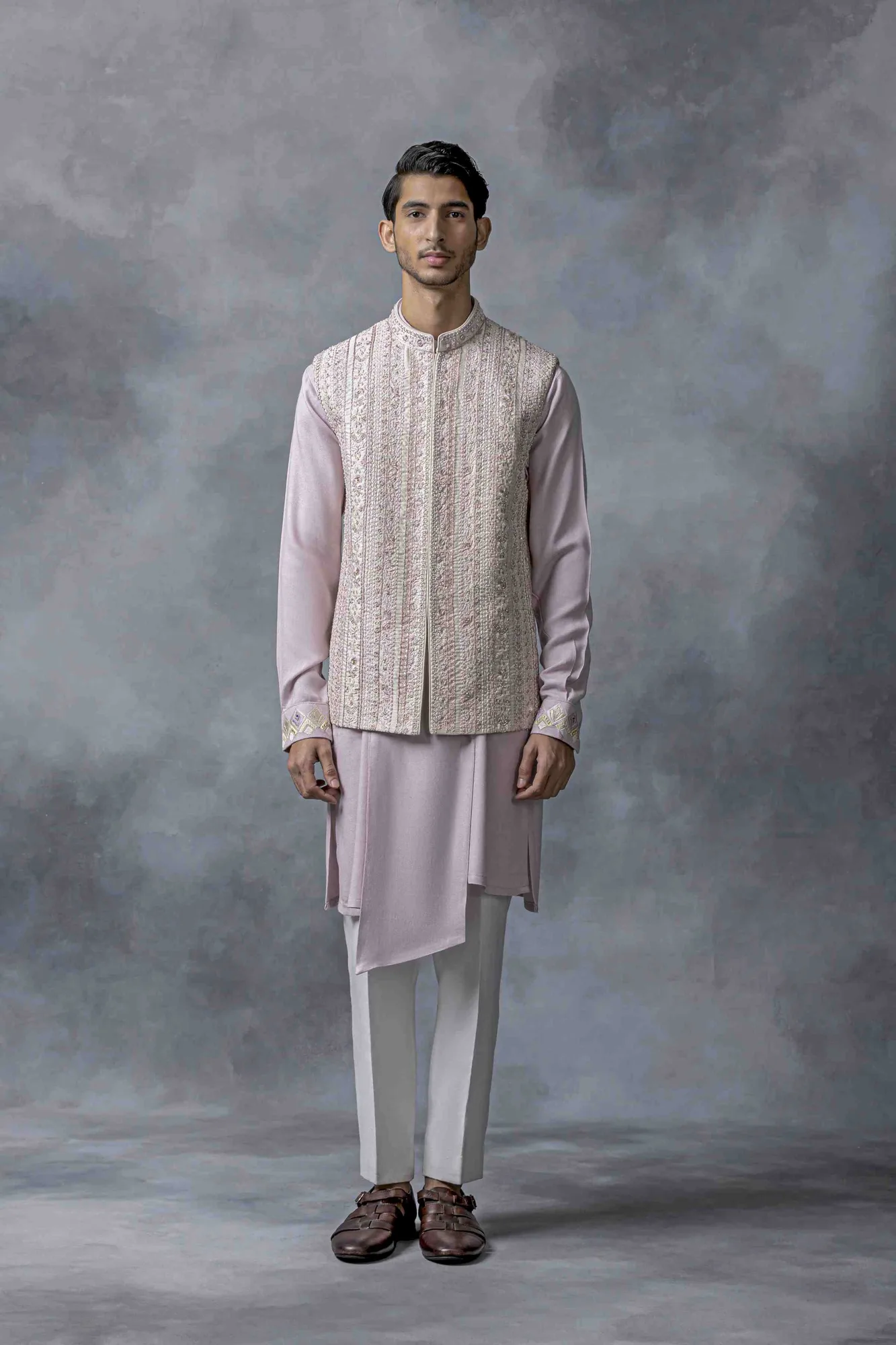 Dusty Thread Work Waistcoat Set by Sarab Khanijou