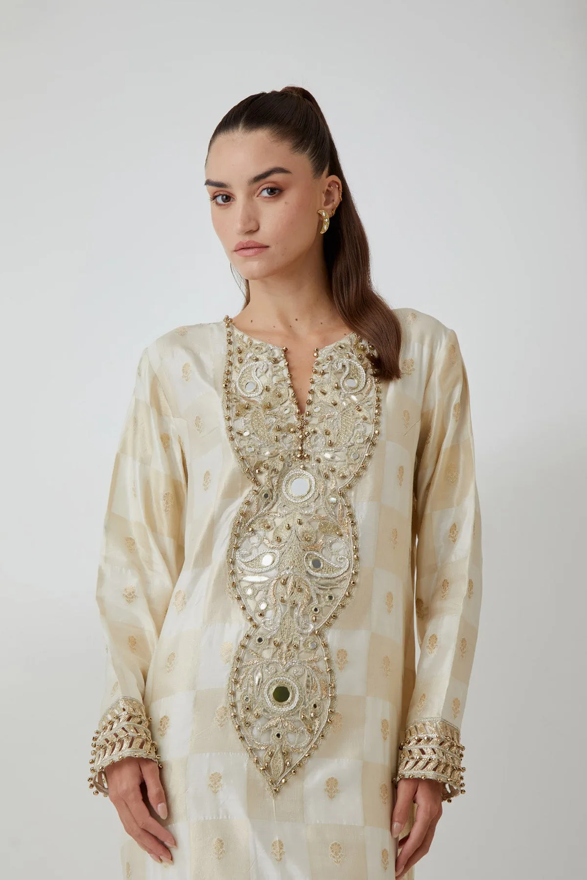 Off-White Brocade Silk Embroidered Long Kaftan by Payal Singhal in off white, view 4