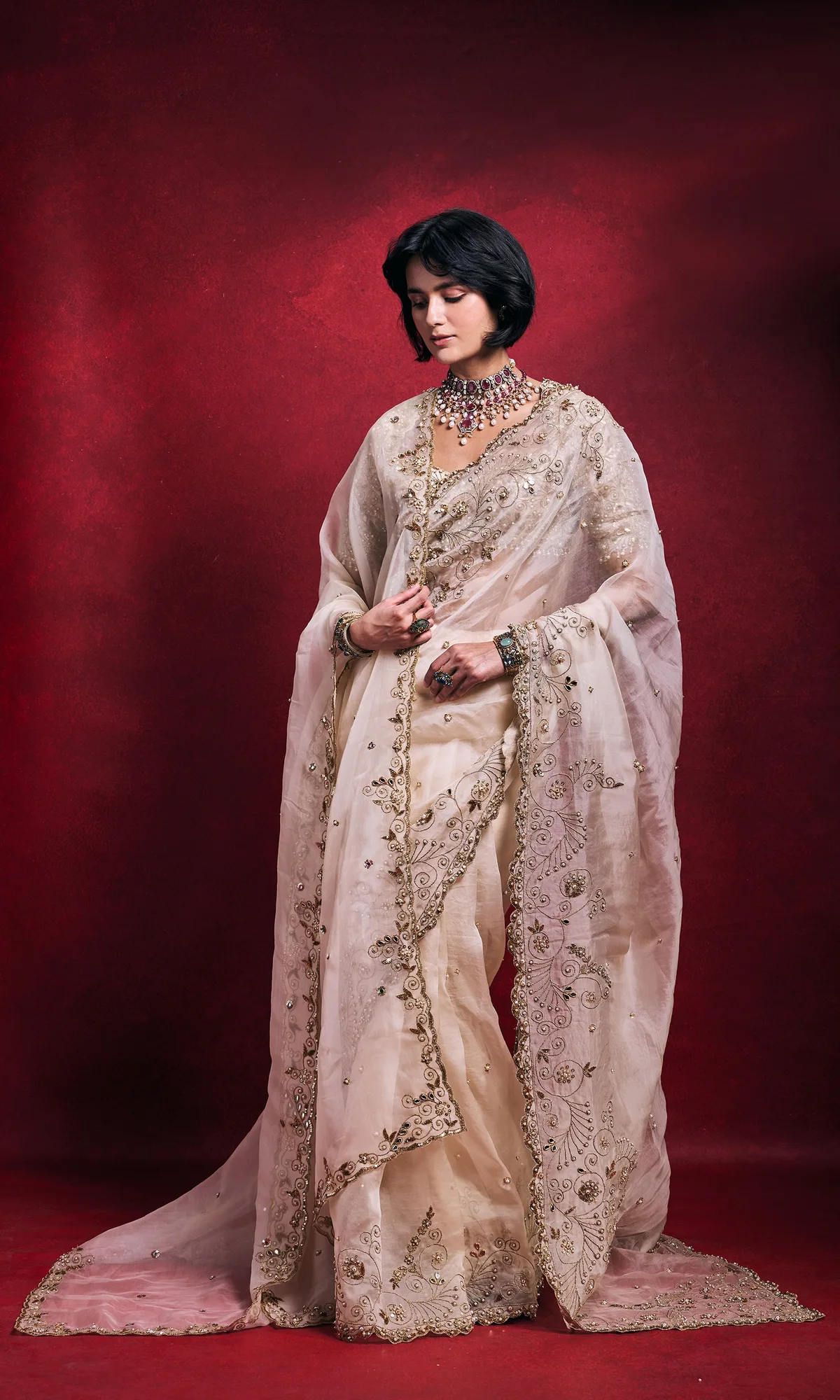 Cream Organza Saree Set by Tamanna Punjabi Kapoor