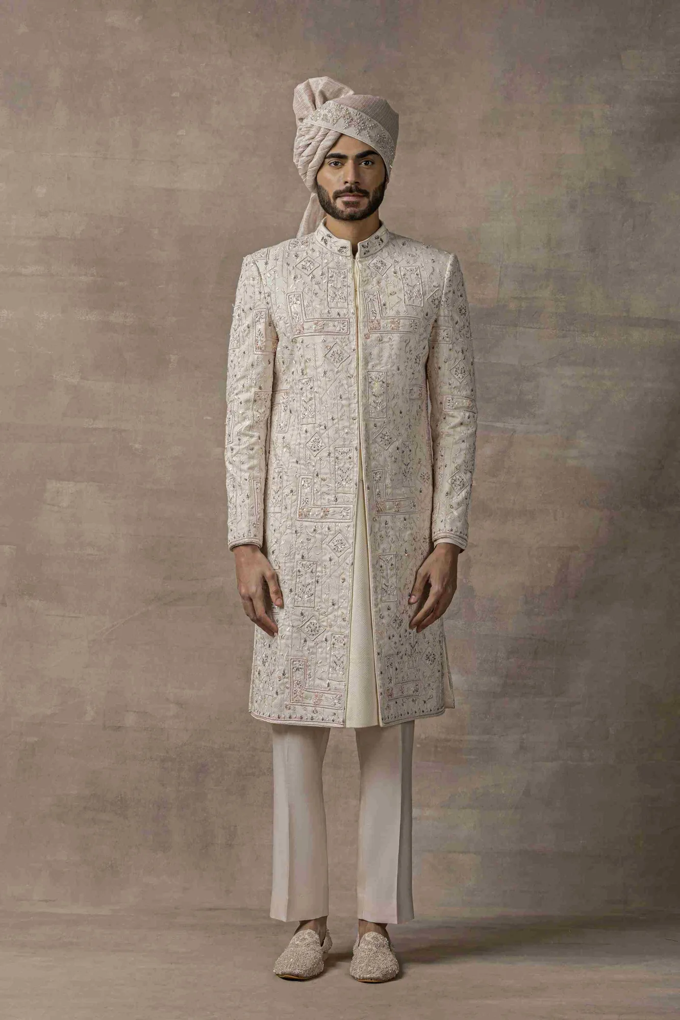 Ivory Sherwani With Pink Embroidery Highlighted With Sequin by Sarab Khanijou