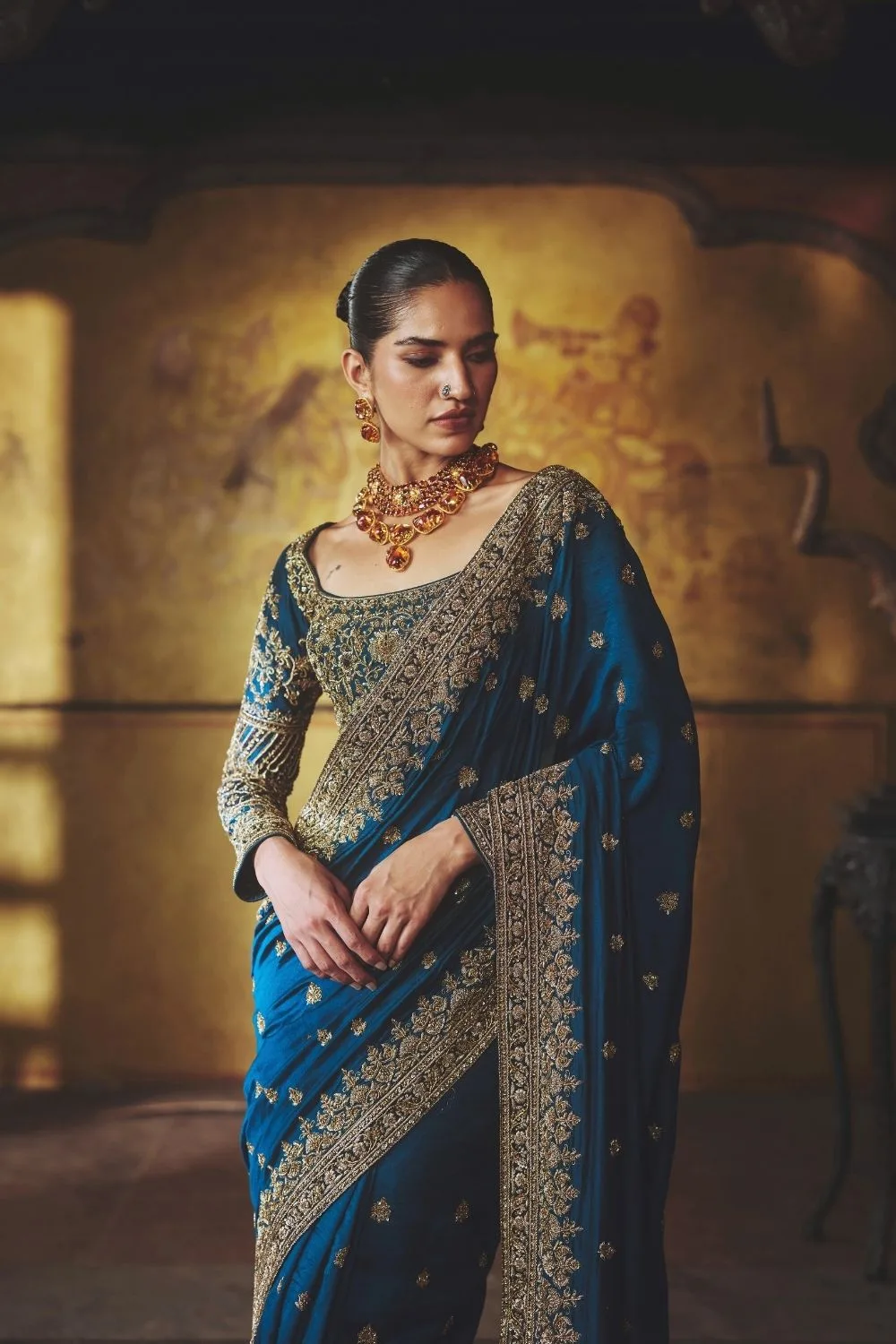 Naivedya Saree by Jigar Mali in teal blue, view 2