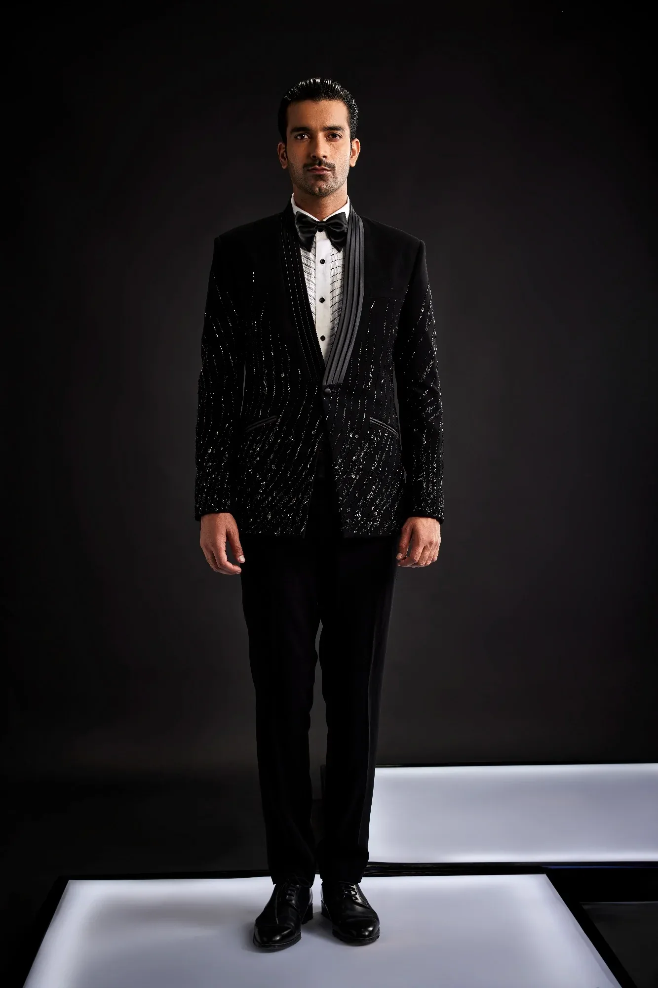 Classic Black Pleated Collar Tuxedo by Sarab Khanijou