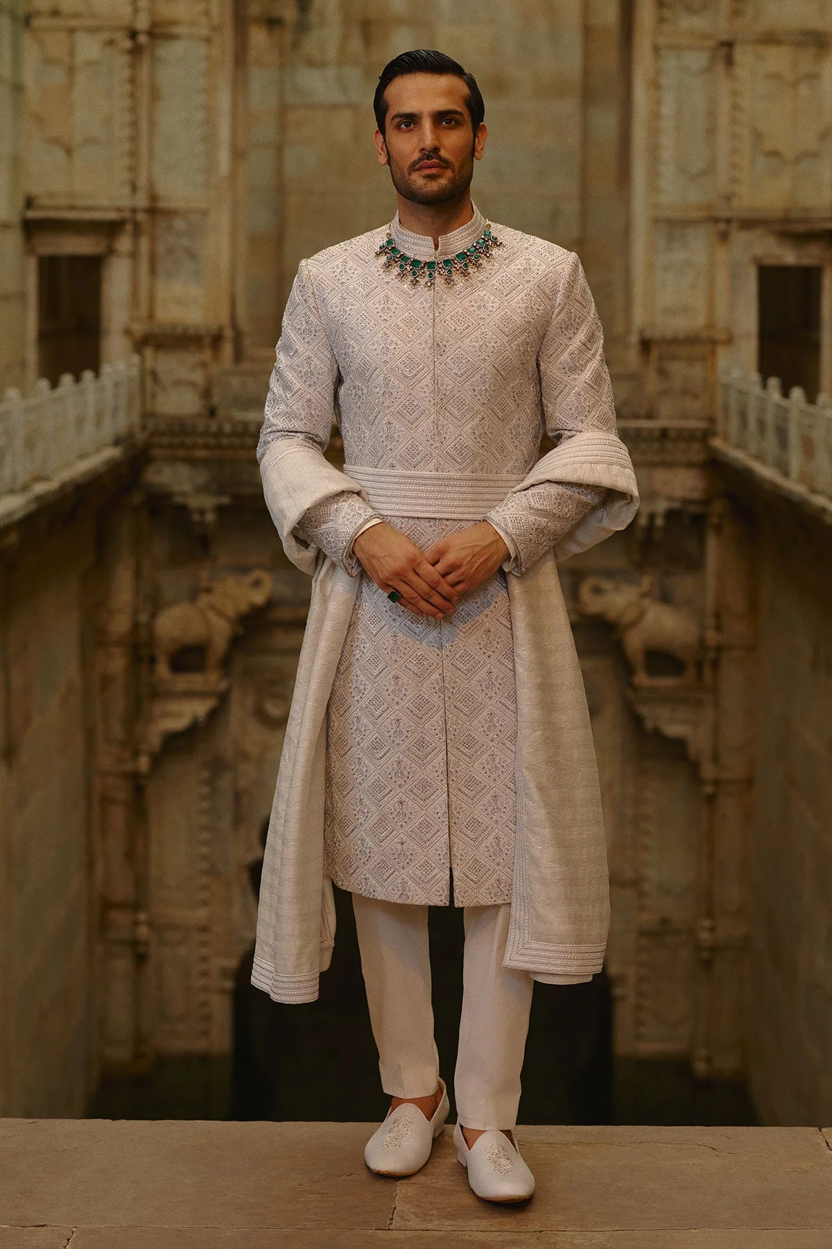 Silver-Grey Sherwani Set by Nitika Gujral