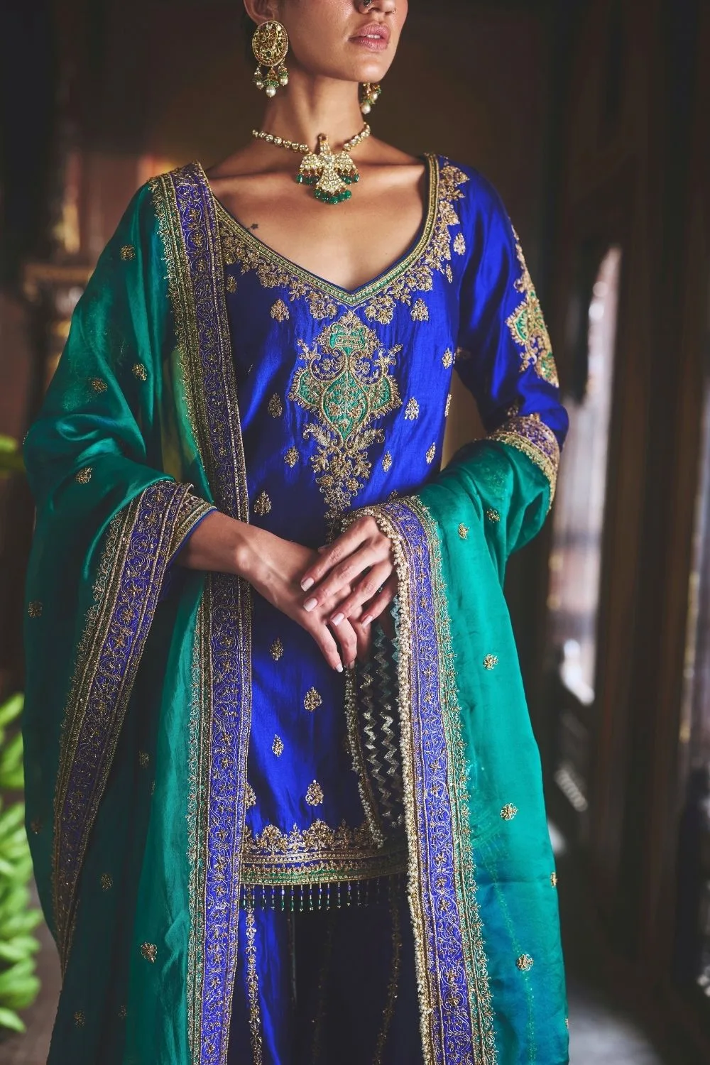 Aadhya Sharara Set by Jigar Mali in peacock blue, view 2
