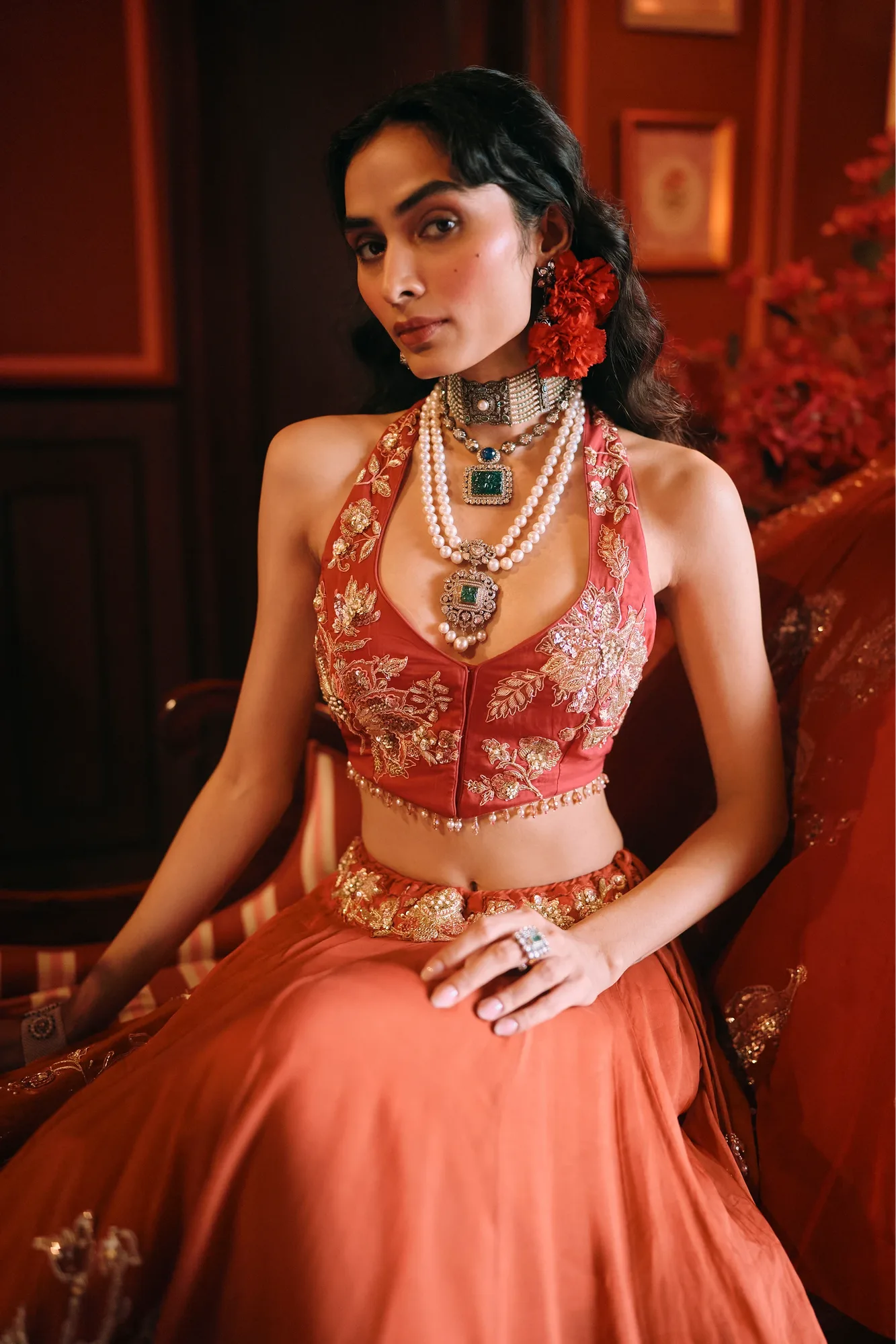 Dreamlet Lehenga Set by Paulmi And Harsh in rust, view 3