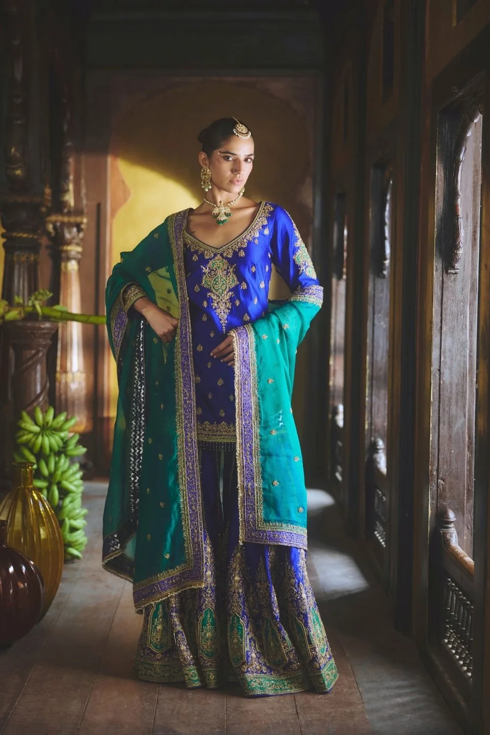 Aadhya Sharara Set by Jigar Mali in peacock blue
