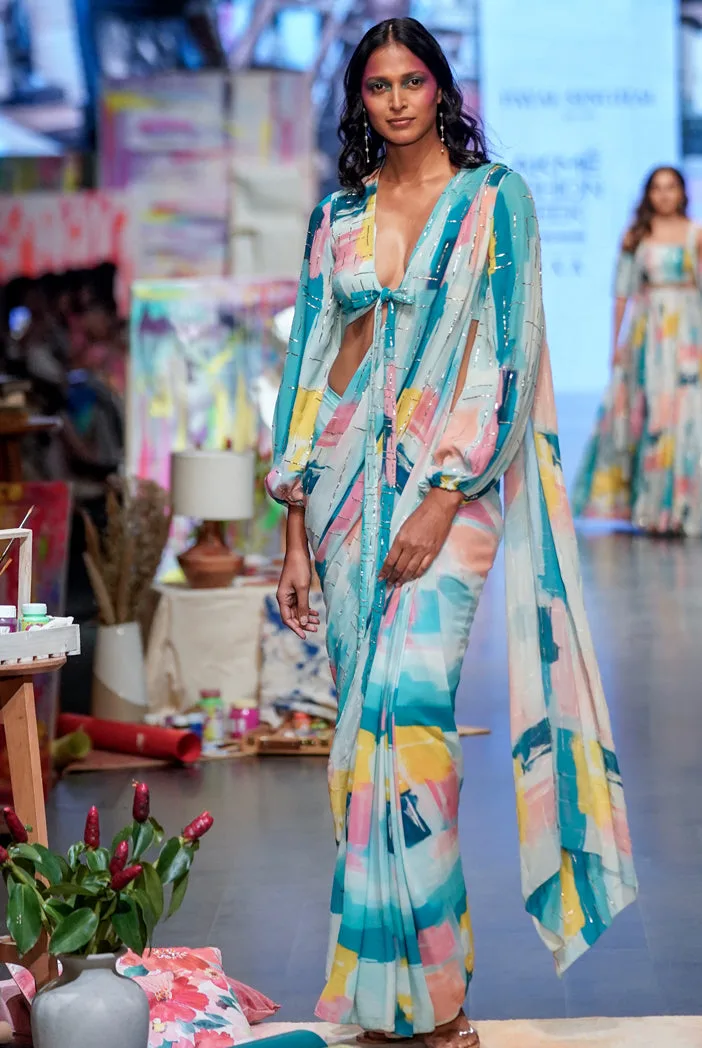 Naisha Painterly Print Georgette Embroidered Front Tie-Up Choli And Pre-stitched Saree With Embroidered Pallu by Payal Singhal
