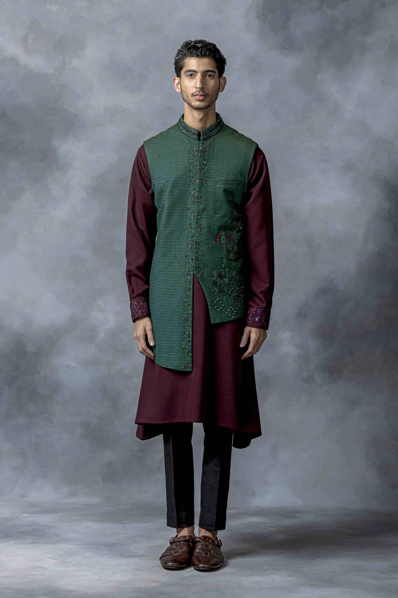 Green And Wine Pearl Work Waistcoat Set by Sarab Khanijou
