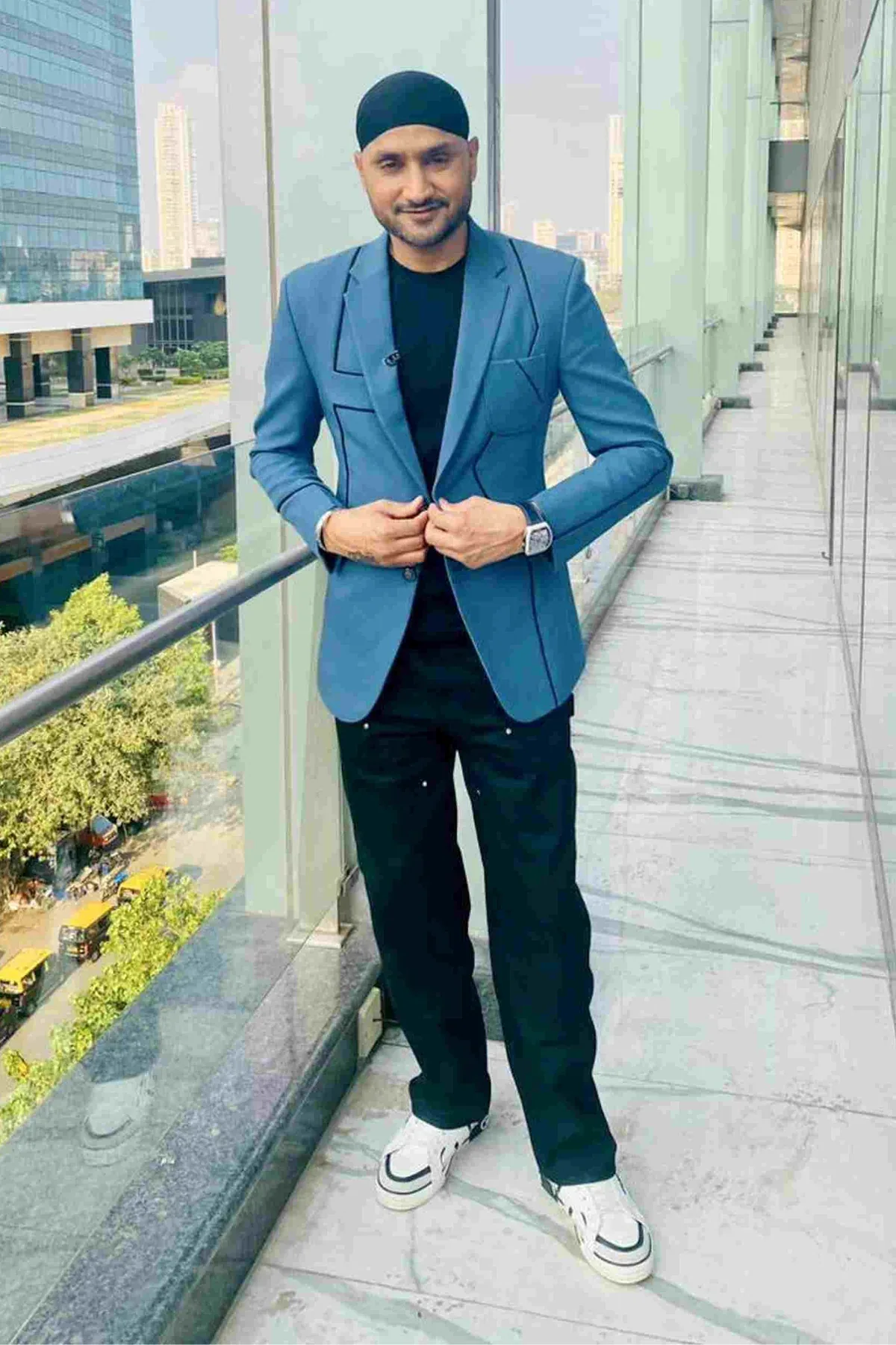Harbhajan Singh in Blue Blazer With Contrast Piping by Sarab Khanijou