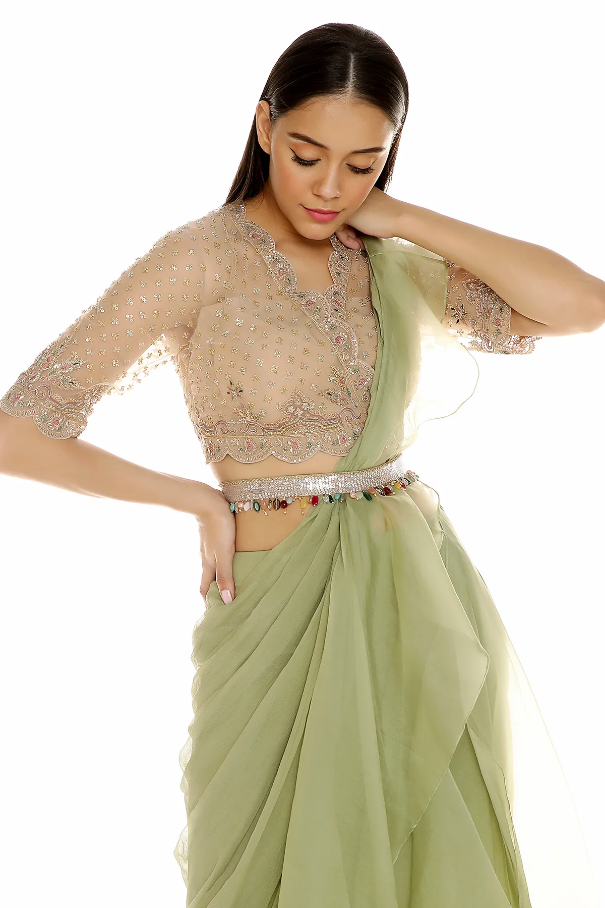 Alaya in Ula by Ridhi Mehra, champagne sari, view 4