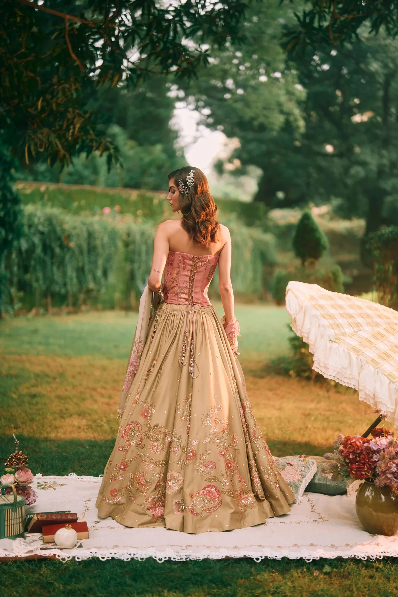 Keepsake Lehenga Set by Paulmi And Harsh in olive, view 2