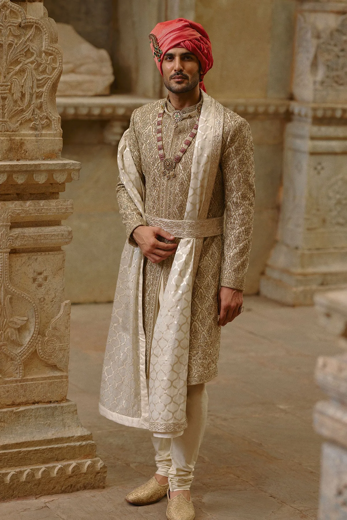 Gold Twill Sherwani Set by Nitika Gujral