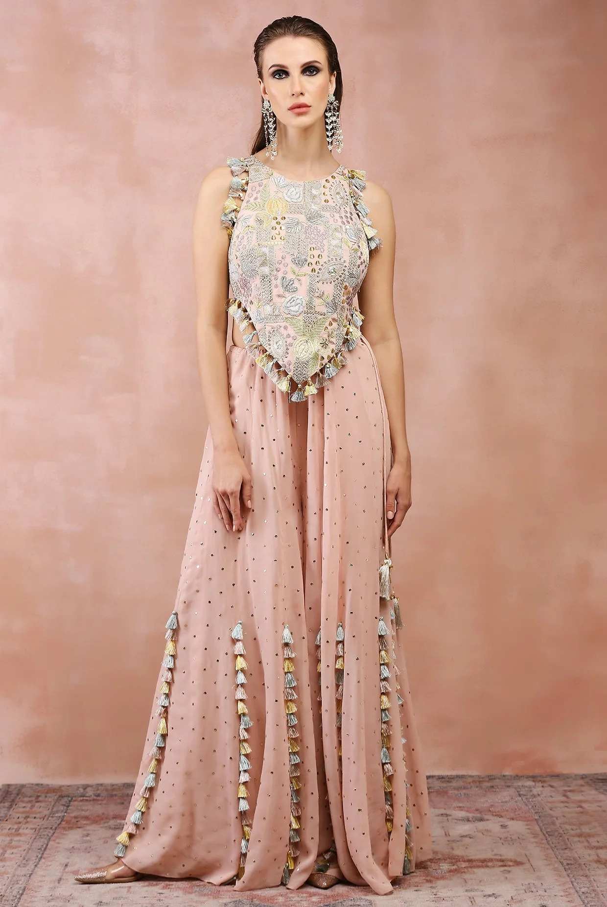 Rose Pink Applique Embroidered Choli With Sharara by Payal Singhal
