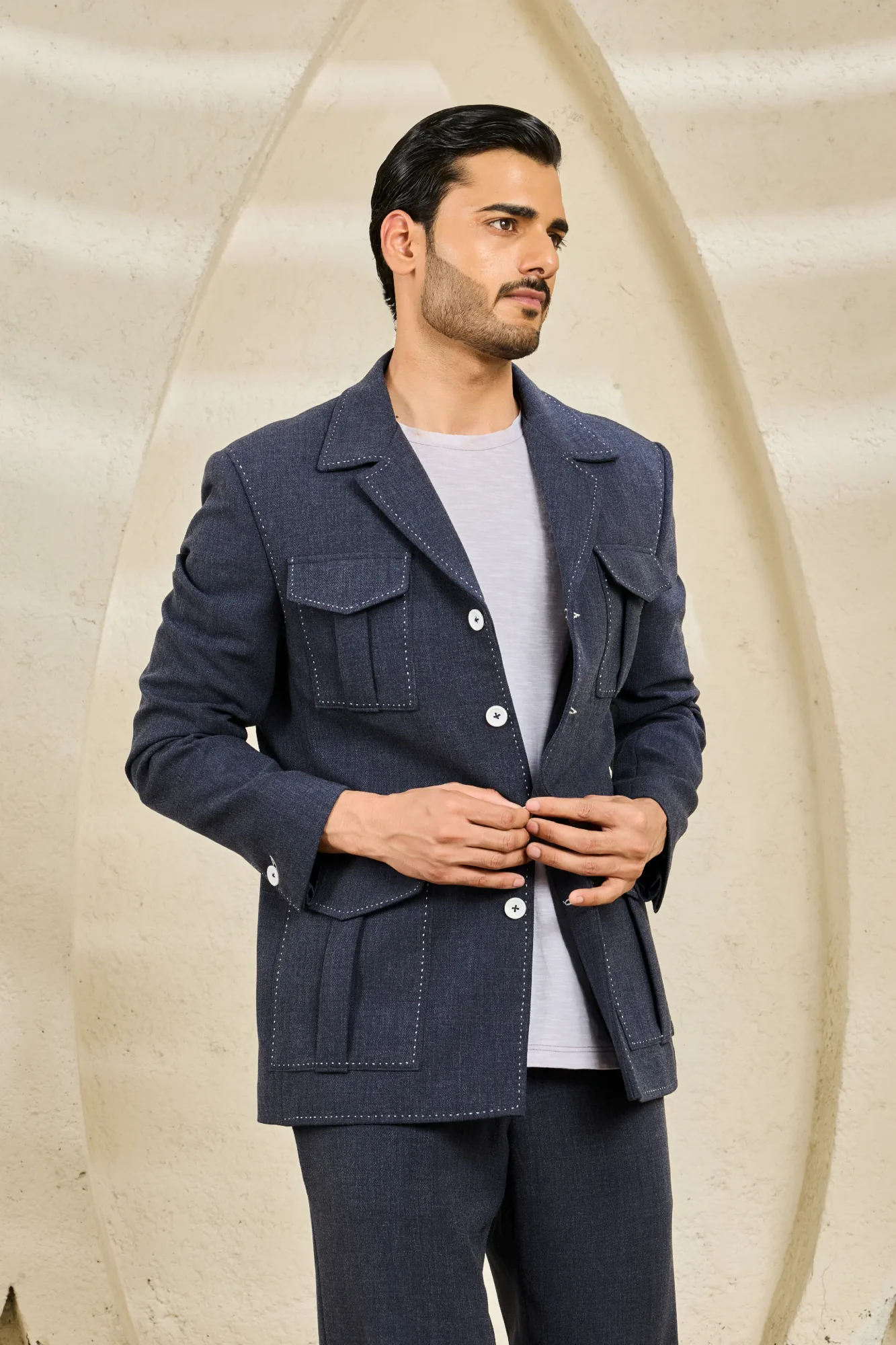 Midnight Blue Hunter Coat Set by Sarab Khanijou