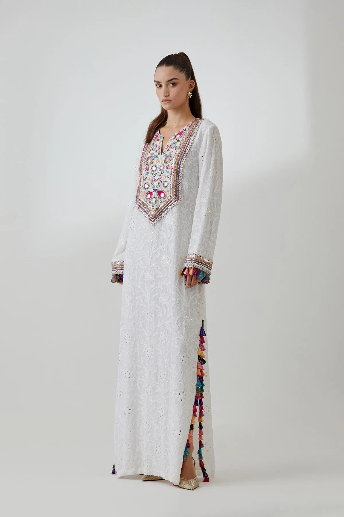 Off-White Chikankari Georgette Embroidered Kaftan by Payal Singhal in off white, view 3
