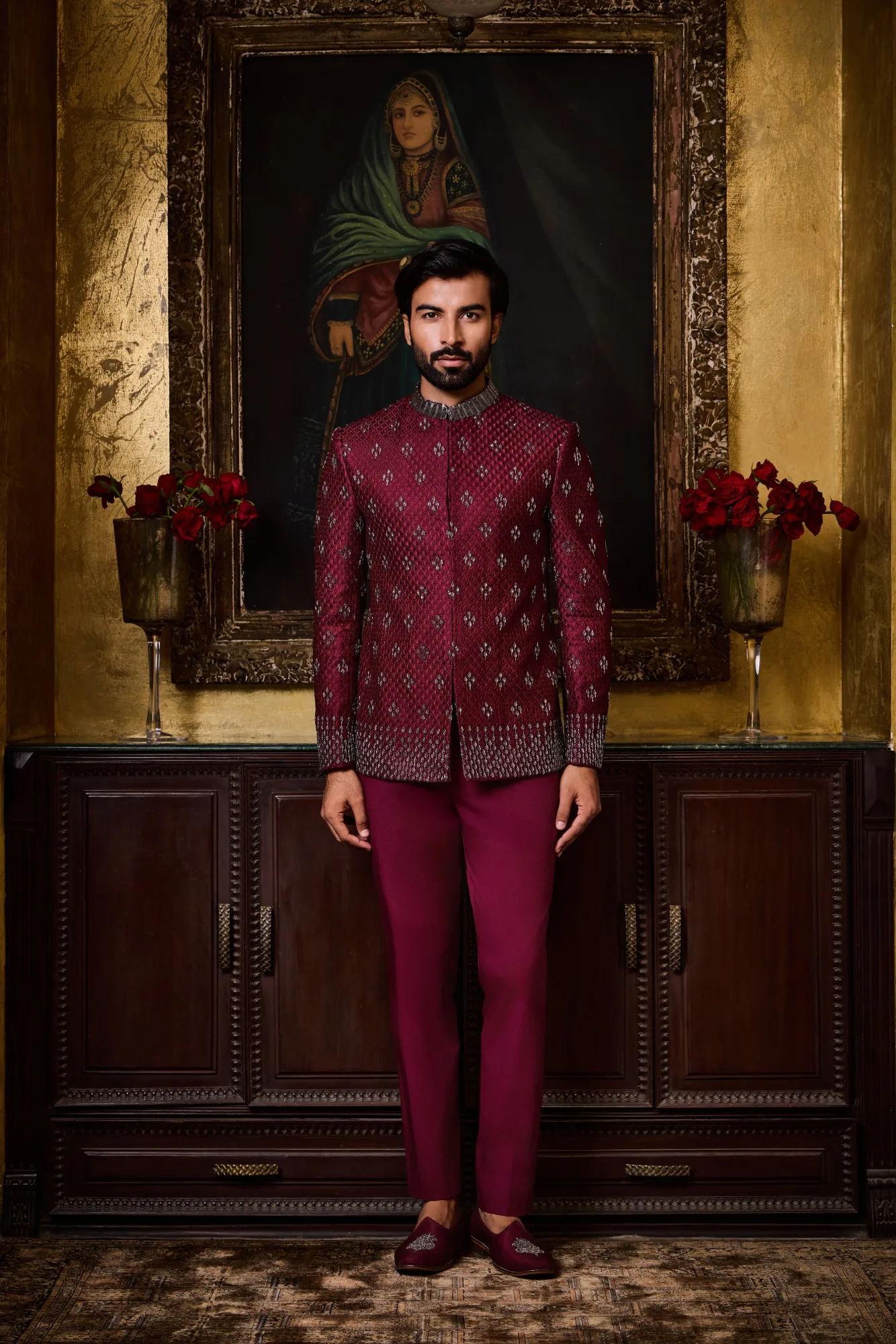 Burgundy Jodhpuri Set by Nitika Gujral