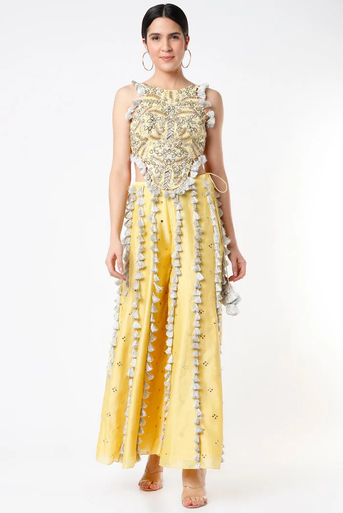 Pale Yellow Georgette Embroidered Choli With Mukaish Silkmul Sharara With Tassel Detailing by Payal Singhal