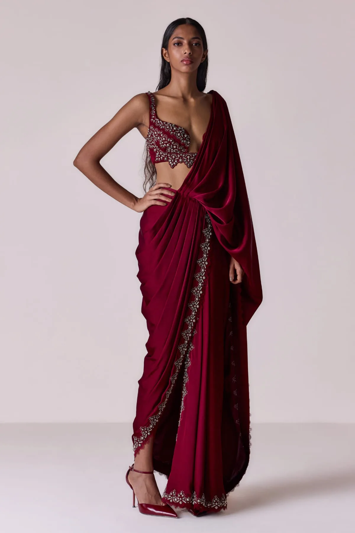 Clap Two by Qbik, maroon sari, view 3