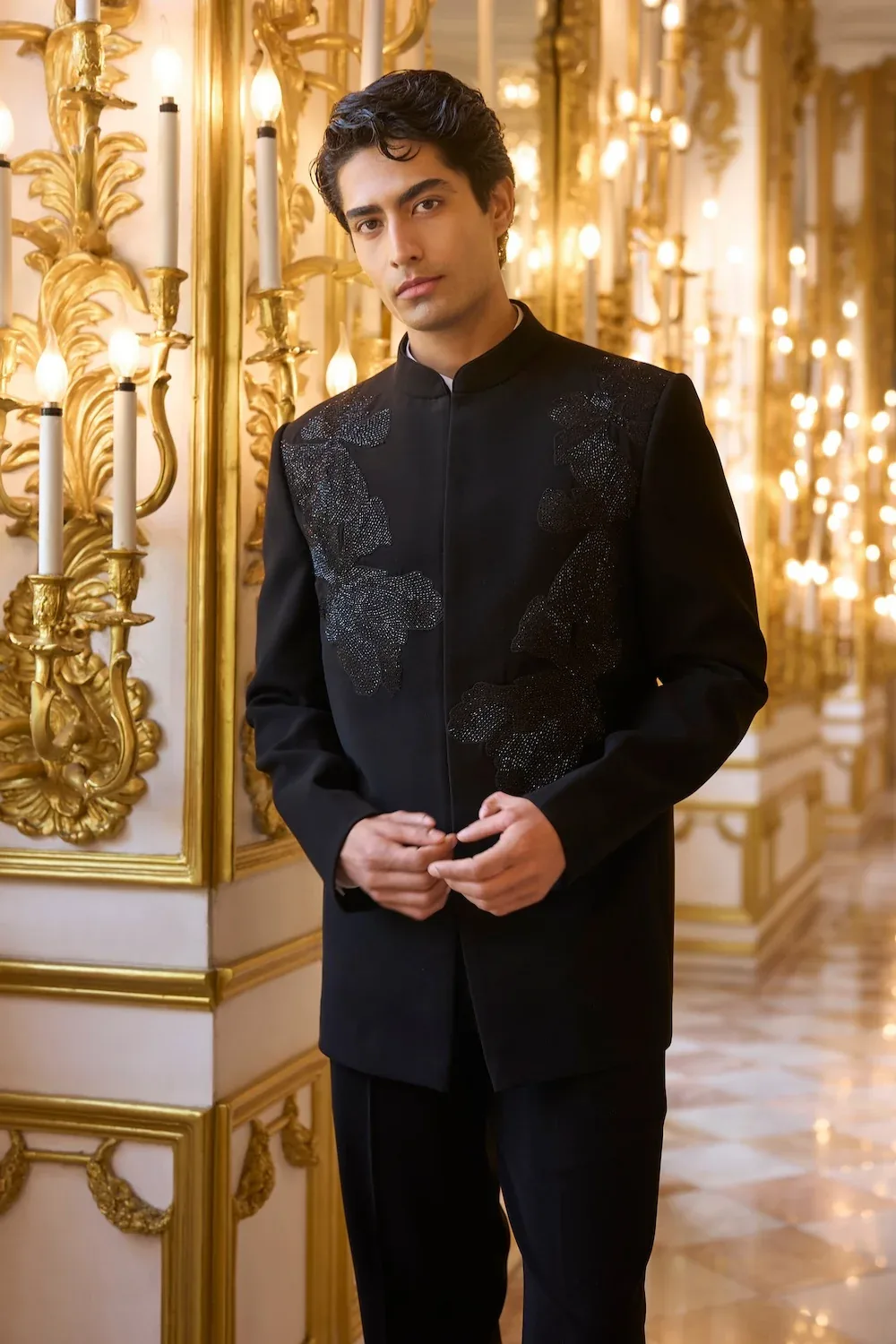 Black Embroidered Bandhgala Set by Seema Gujral