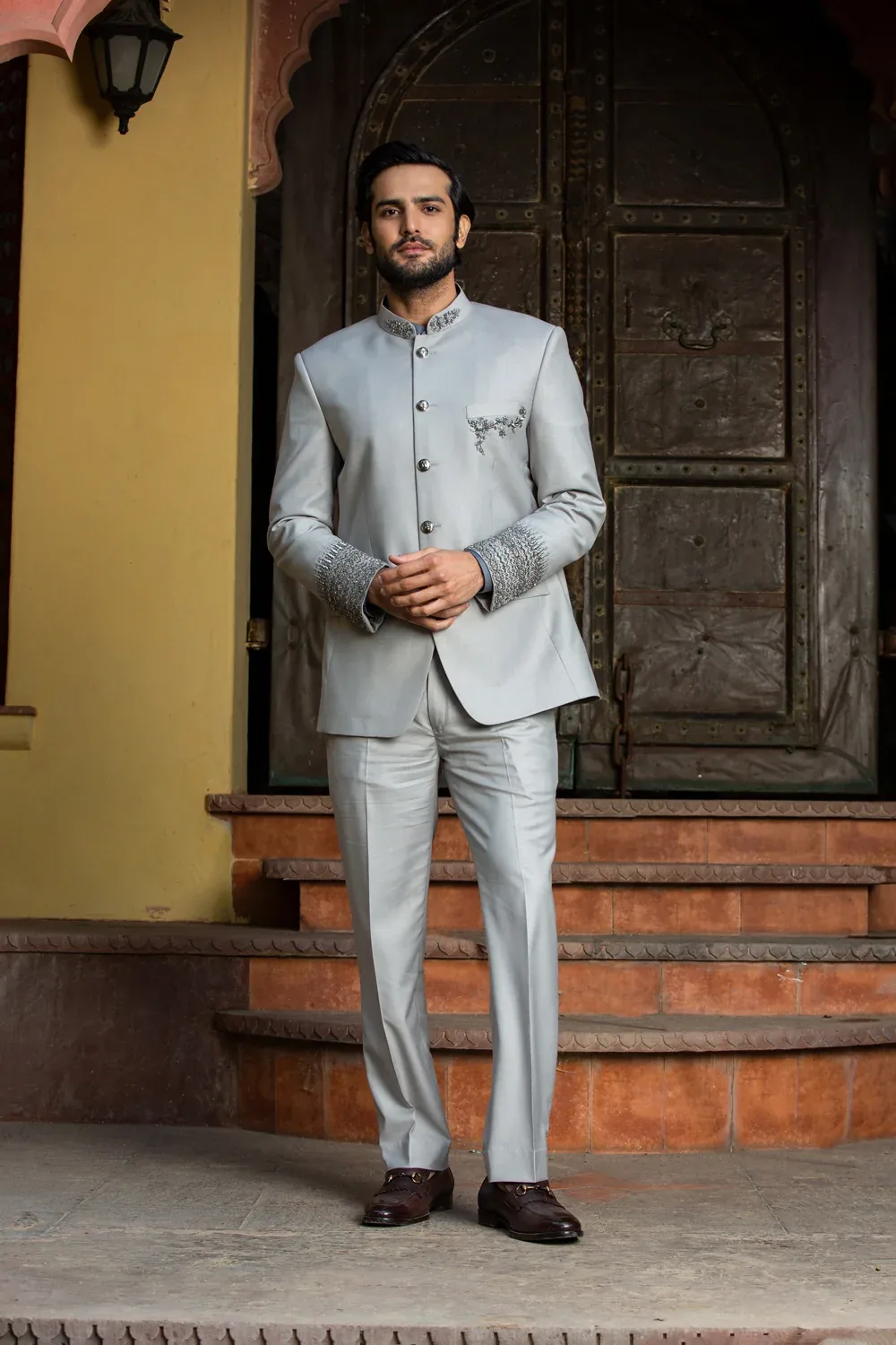 Silver Grey Jodhpur Suit Zardozi Embroidered by Nitika Gujral