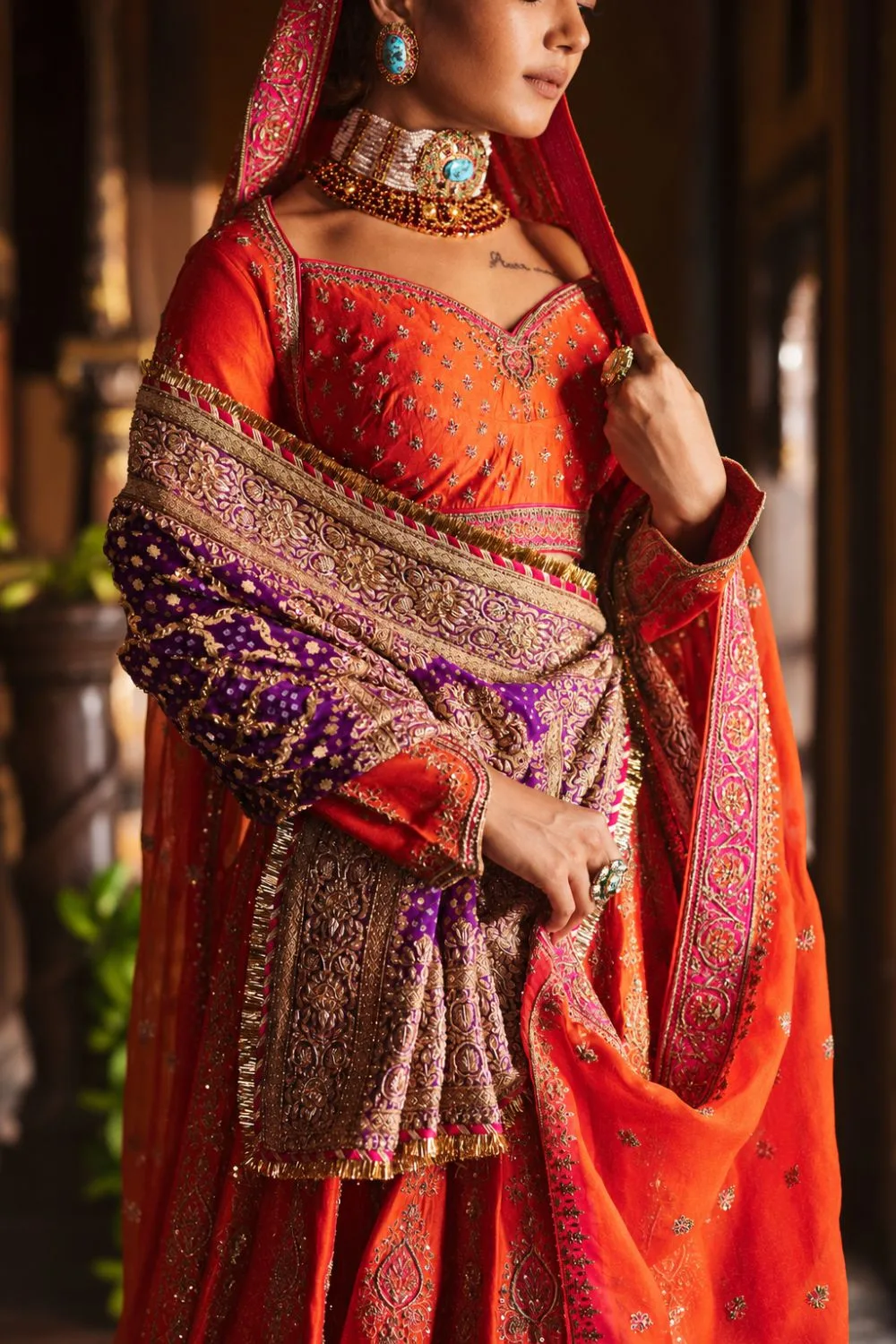 Udaya Lehenga Set by Jigar Mali in orange, view 3