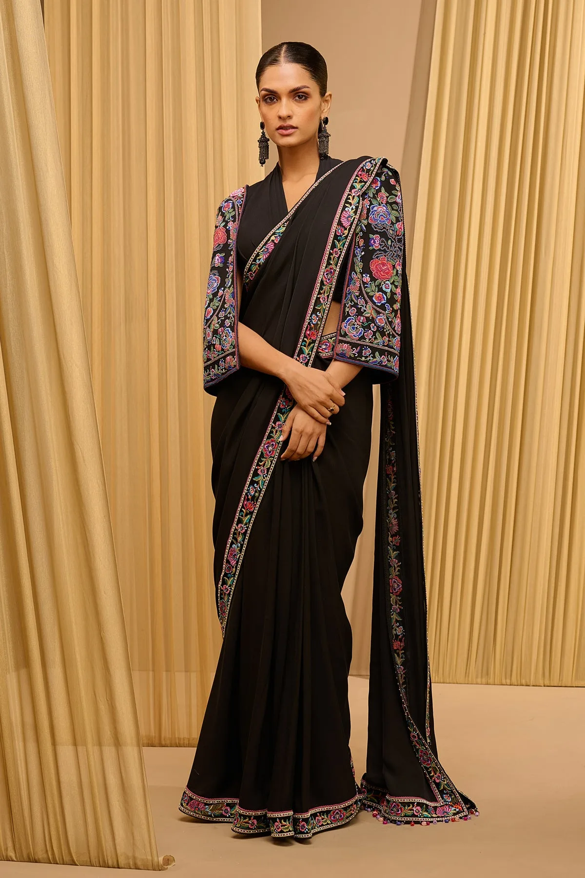 Classic Saree with Embroidered Cape Blouse by Tarun Tahiliani