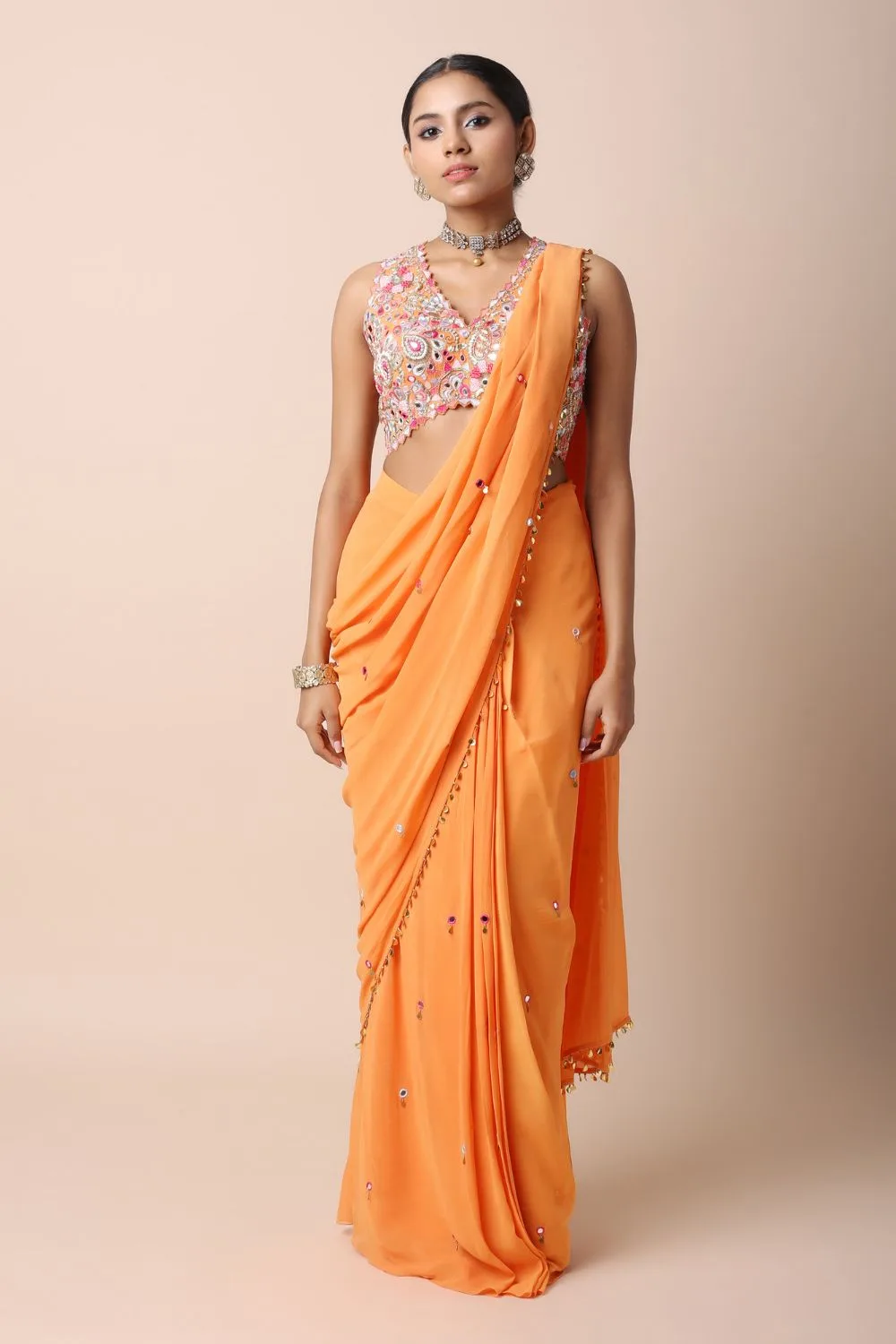 Tangerine Pre-Stitched Saree Set by Tamanna Punjabi Kapoor