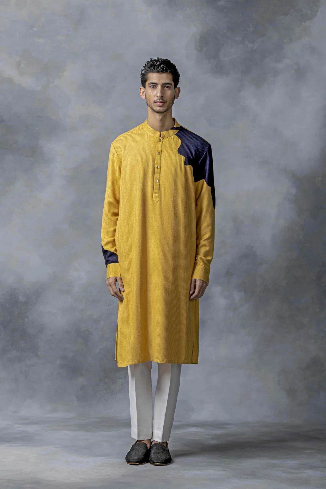 Yellow Patch Work Kurta Set by Sarab Khanijou