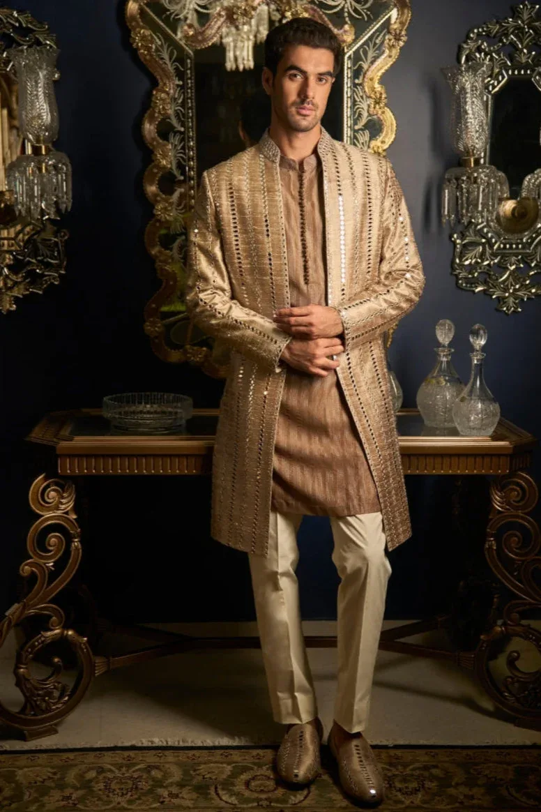 Coffee Mirror Sherwani Set by Seema Gujral