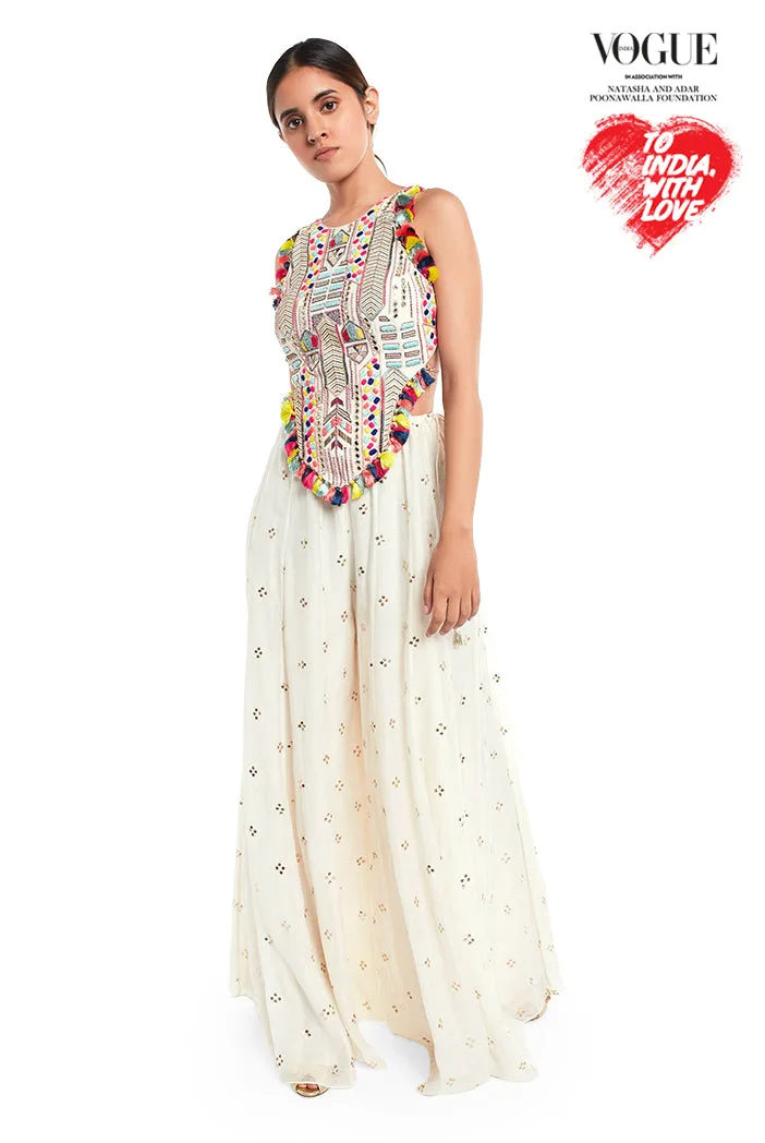 Off White Colour Georgette Tie-Up Choli with Mukaish Silkmul Sharara by Payal Singhal