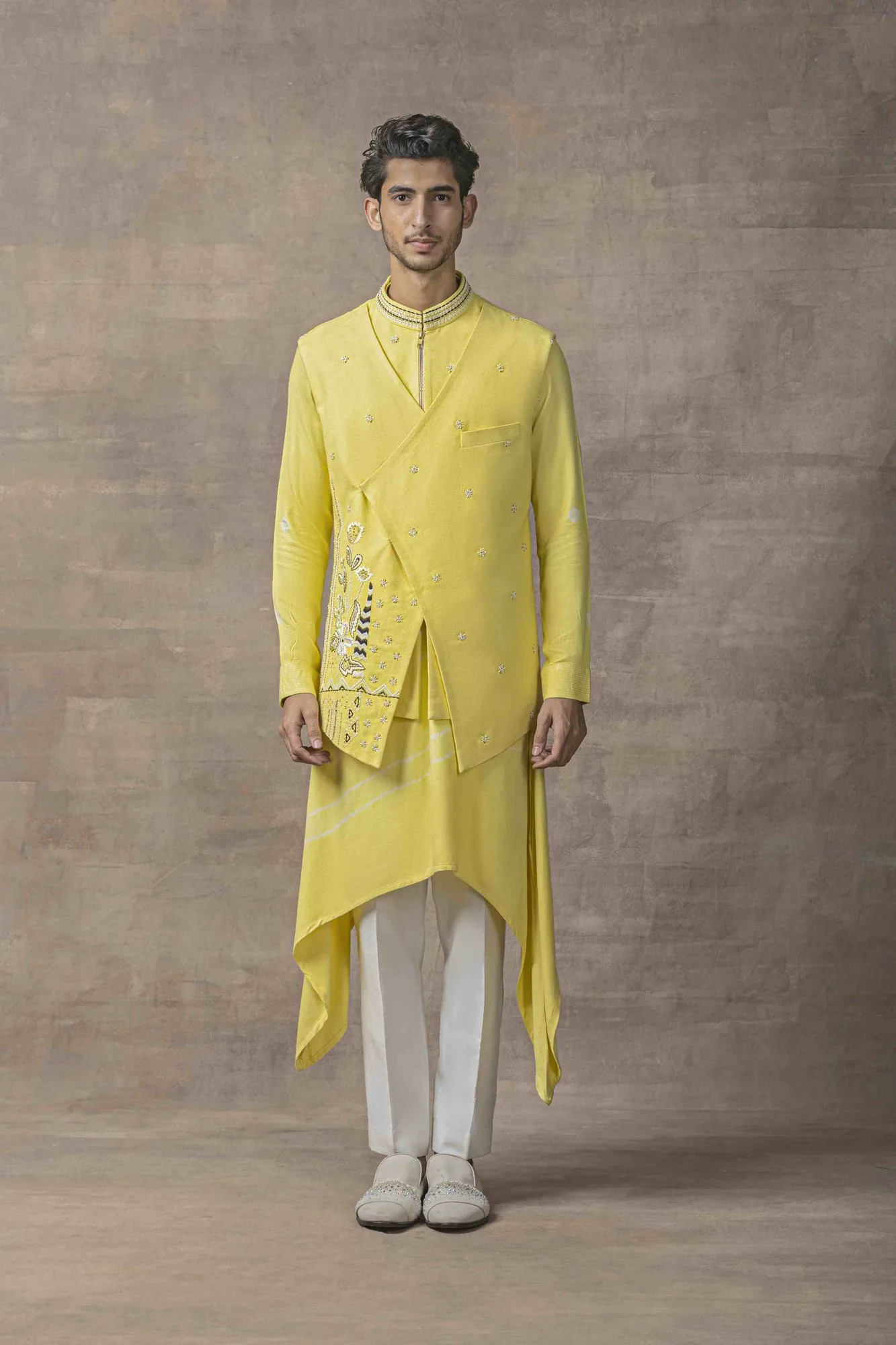 Lemon Waistcoat With Asymmetrical Kurta And Pants by Sarab Khanijou