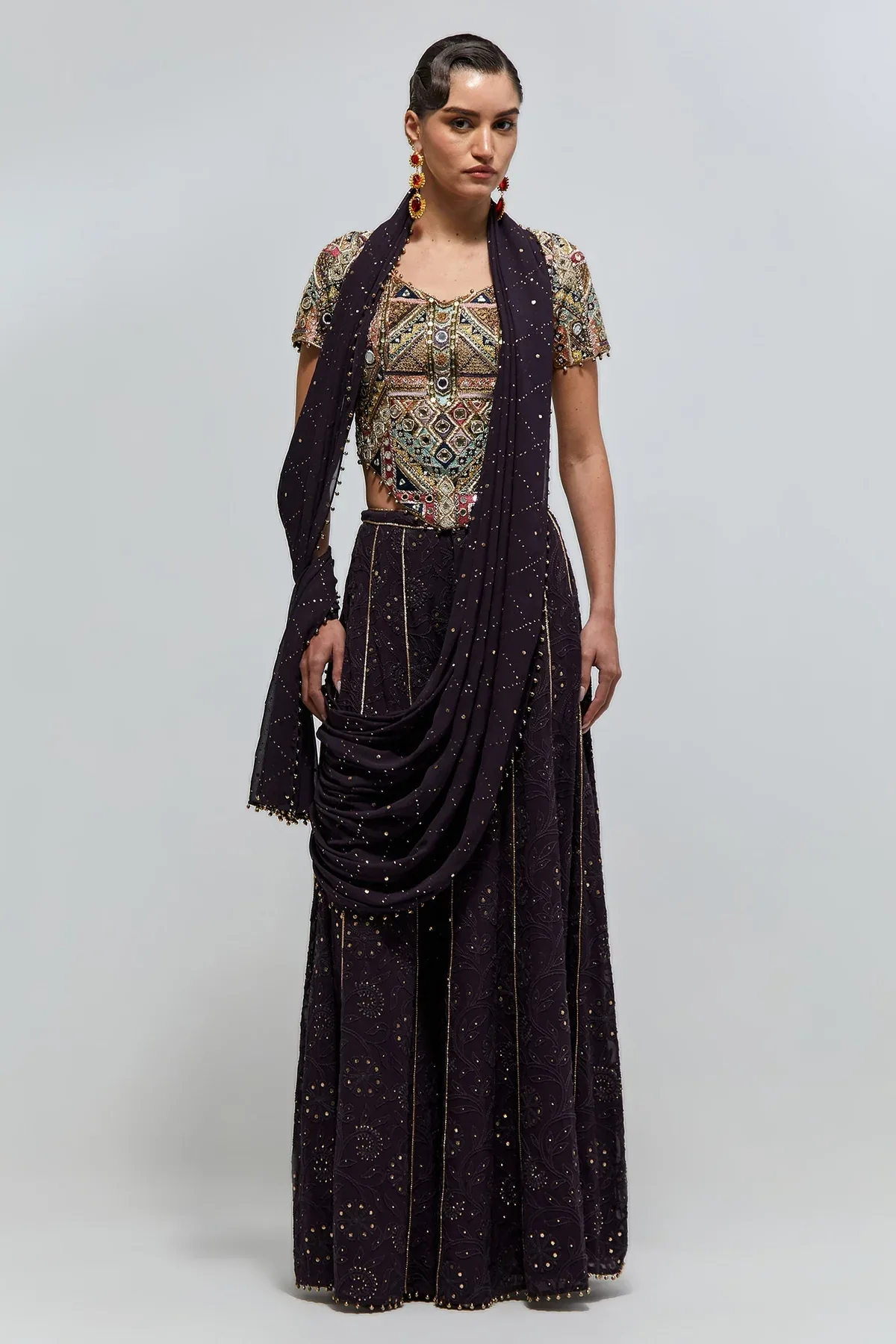 Azar Dark Purple Georgette Embroidered Choli and Sharara with Attached Pallu by Payal Singhal