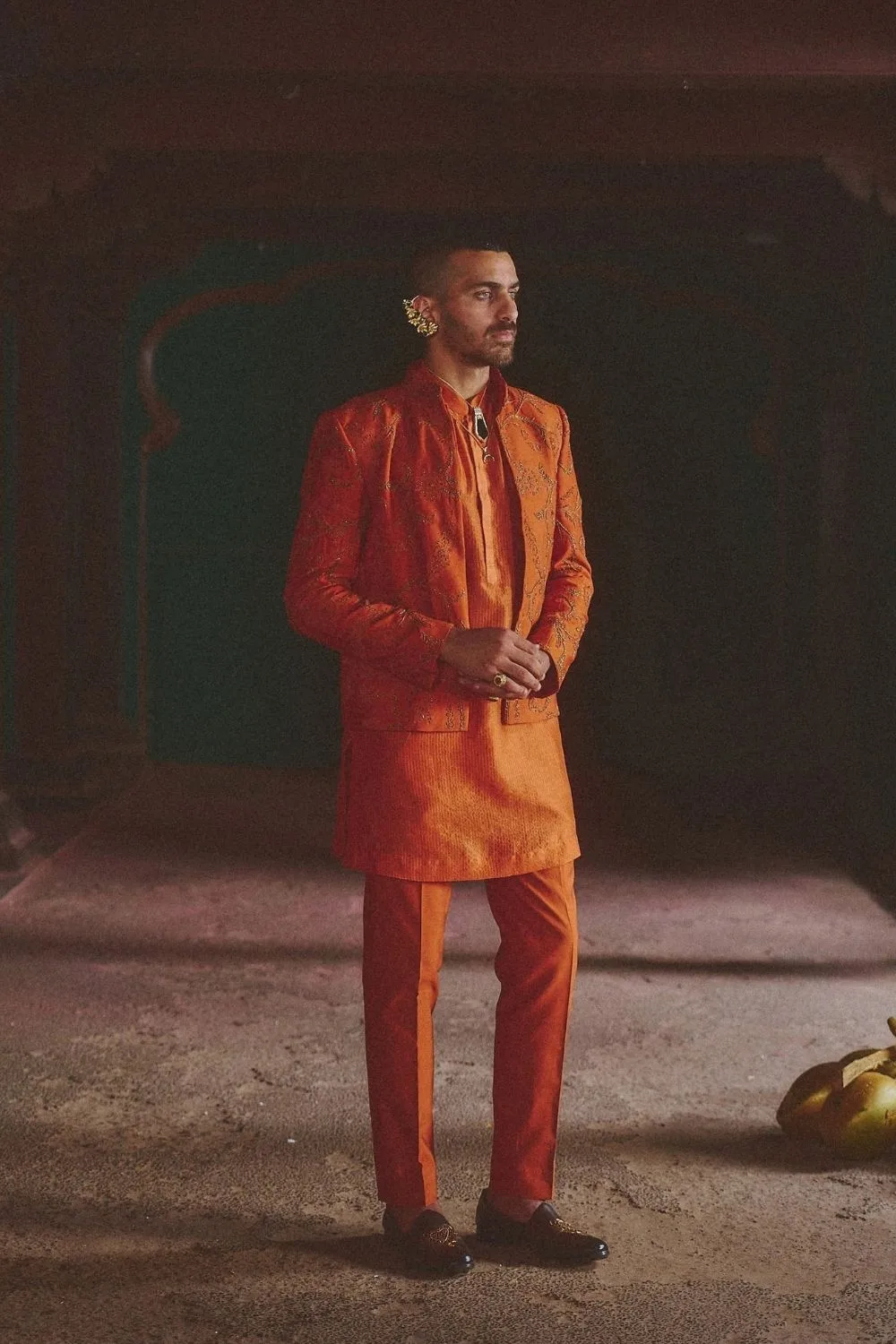 Vaidik Jacket Set by Jigar Mali in rust, view 2
