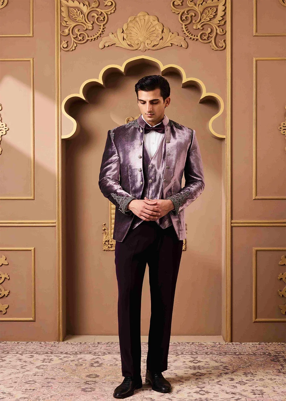 Lilac Embroidered Coat and Vest with Pant by Nitika Gujral
