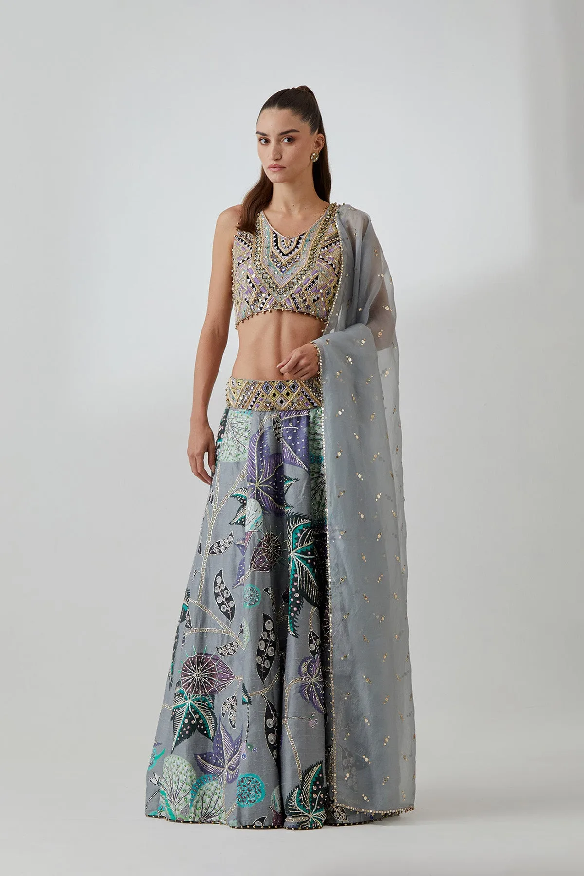Grey Georgette Embroidered Choli With Abutilon Print Dupion Silk Lifted Lehenga And Mukaish Net Dupatta by Payal Singhal