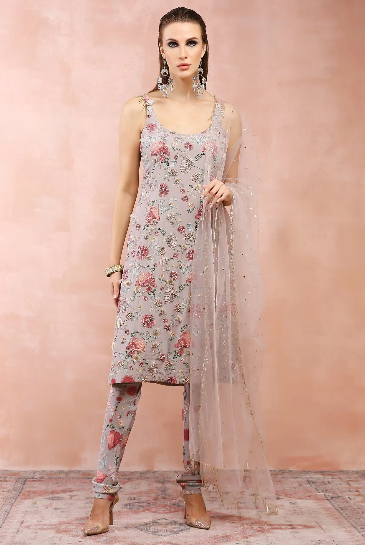 Grey Gulbagh Print Embroidered Kurta And Churidar With Dupatta by Payal Singhal