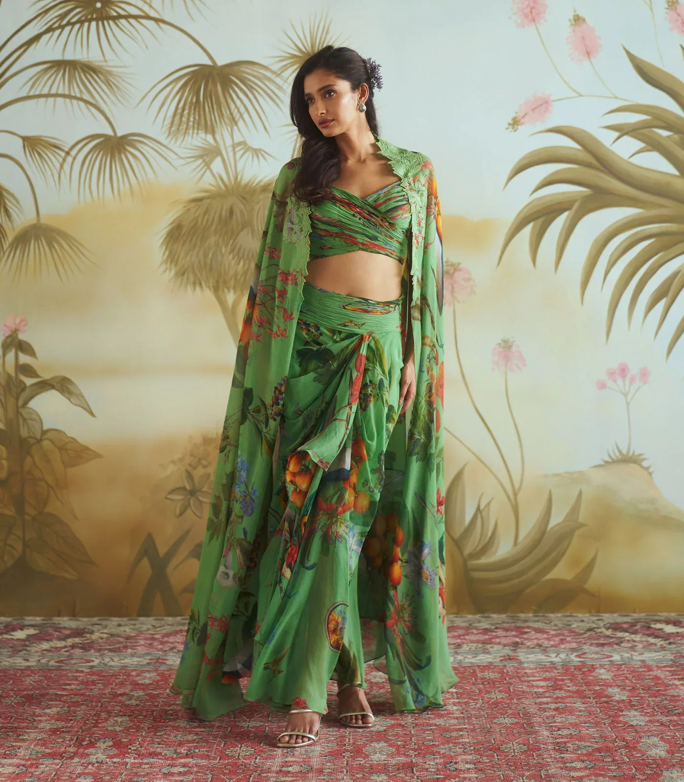 Floral Ruching Cape Set by Anushree Reddy