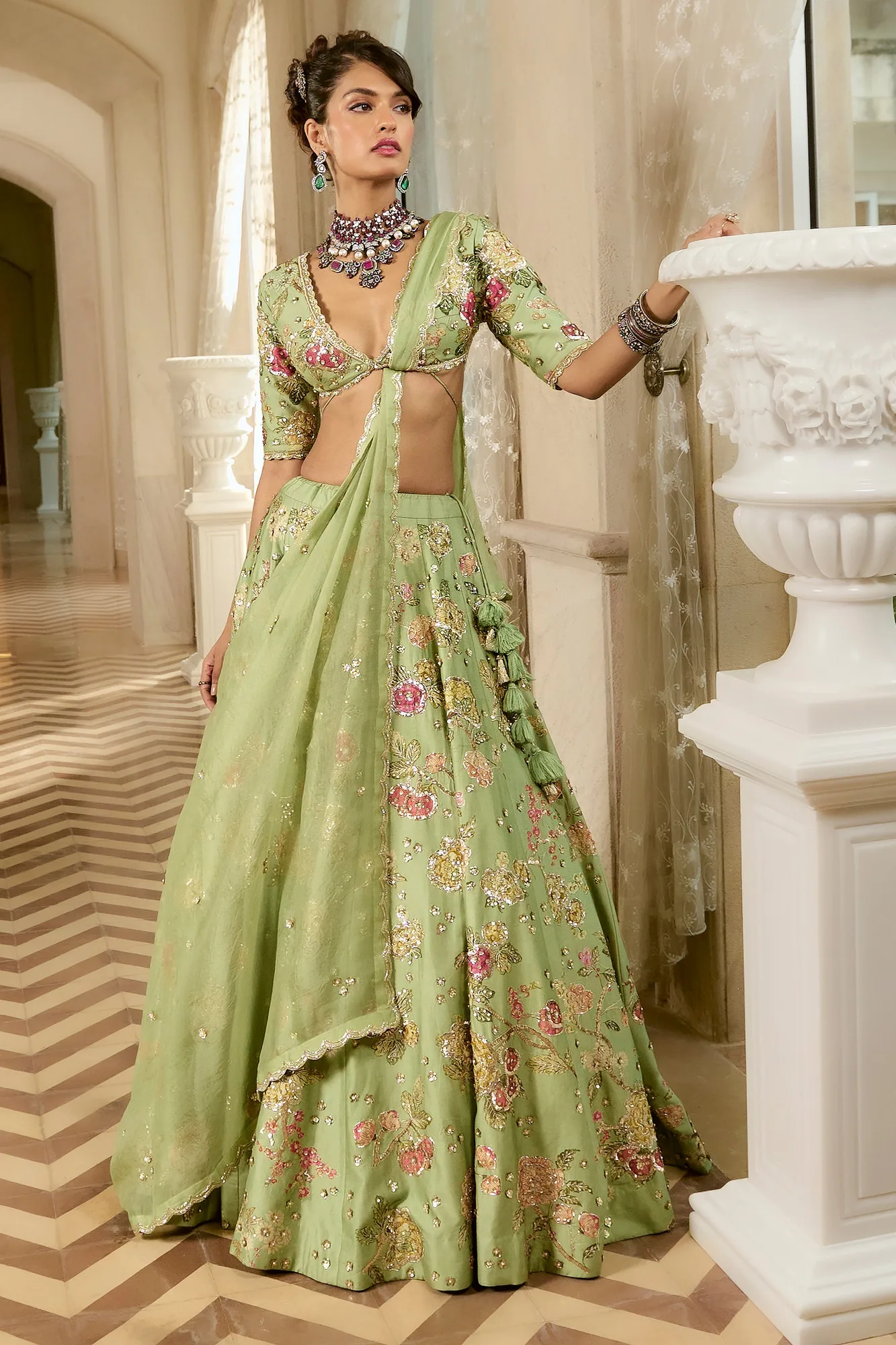 Aphrodite Lehenga Set by Paulmi And Harsh in green